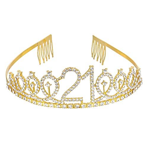 JunyRuny 21st Birthday Decorations for Her, Birthday Sash & Tiara Set, Happy Birthday Gifts, Birthday Sash and Crown for Women, 21 Birthday Girl Party Supplies (Gold Glitter with Black Lettering)