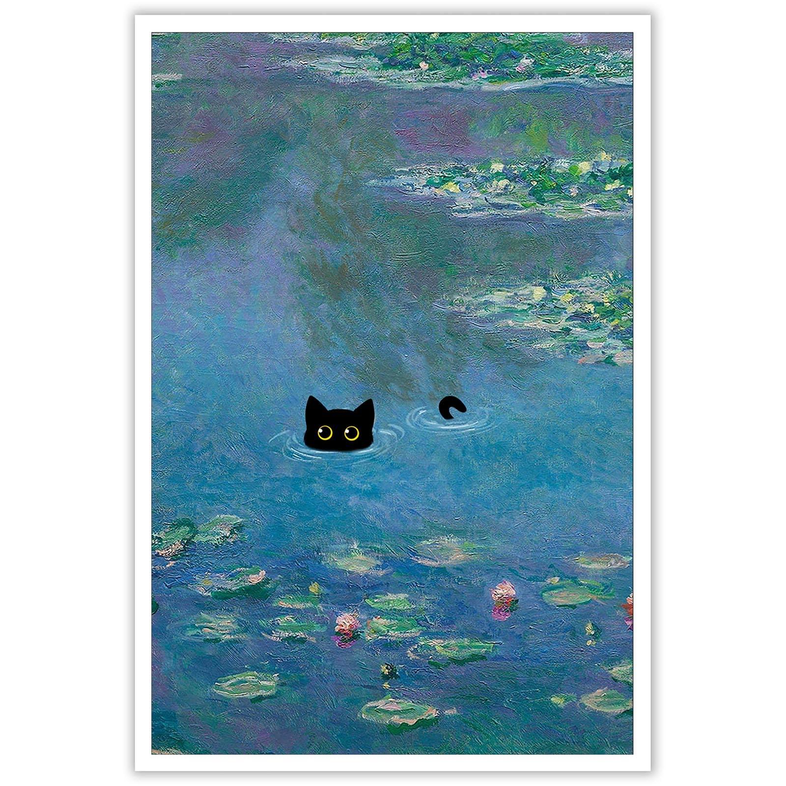 YODOOLTLY YODOOLTLY Retro Canvas Monet Waterlily Cat Print Posters Funny Water Lillies Black Cat Prints Painting Eclectic Cute Preppy Aesthetic Room Decor For Bedroom Bathroom 16x24in Unframed