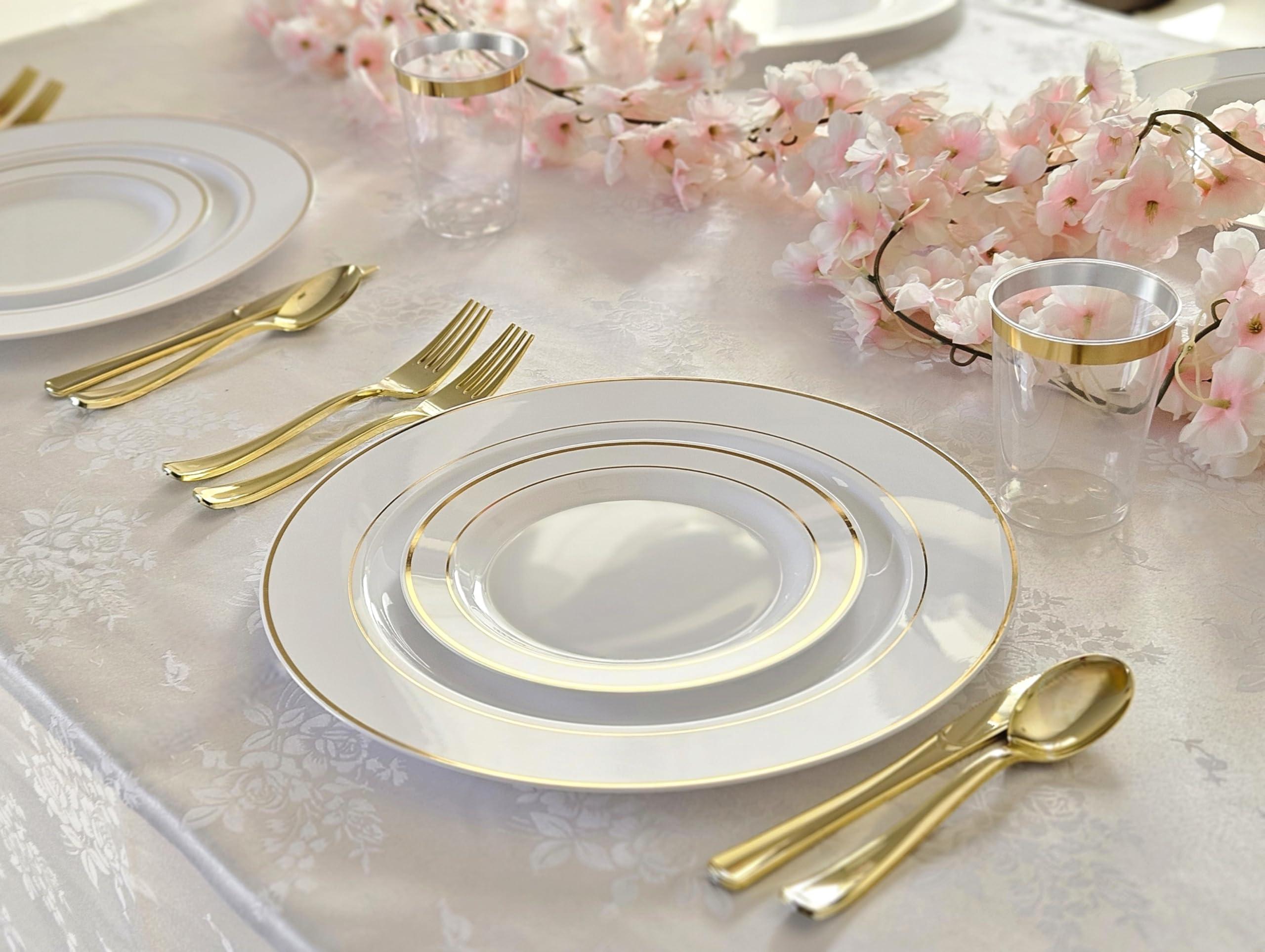 OCCASIONS FINEST PLASTIC TABLEWARE OCCASIONS 120 pcs Chargers pack Wedding Party 12\'\' Disposable Plastic Charger Plates/Charger (Celebration in White & Gold Rim)
