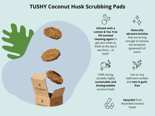 TUSHY TUSHY Brush - The Conscious Toilet Brush - Lemon & Tea Tree Oil-Infused Coconut Husk Scrubbing Pads - Includes Brush and Brush Holder