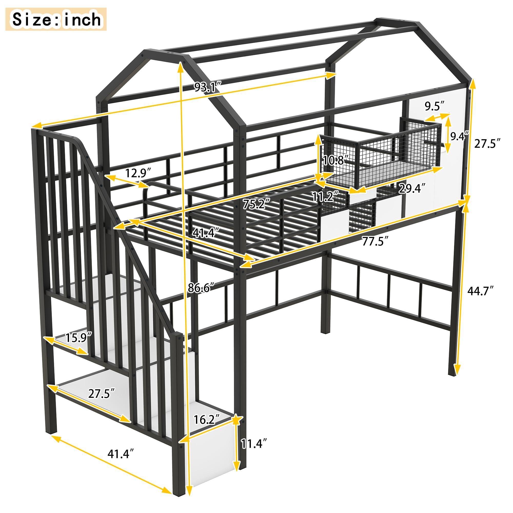 JIVOIT JIVOIT Metal Loft Bed Frame with Roof Design, A Storage Box and Storage Staircase, Twin Size House Bunk Bed with Integrated Ladder, Full-Length Guardrails, Metal Slat Support (Black,Storage Box)