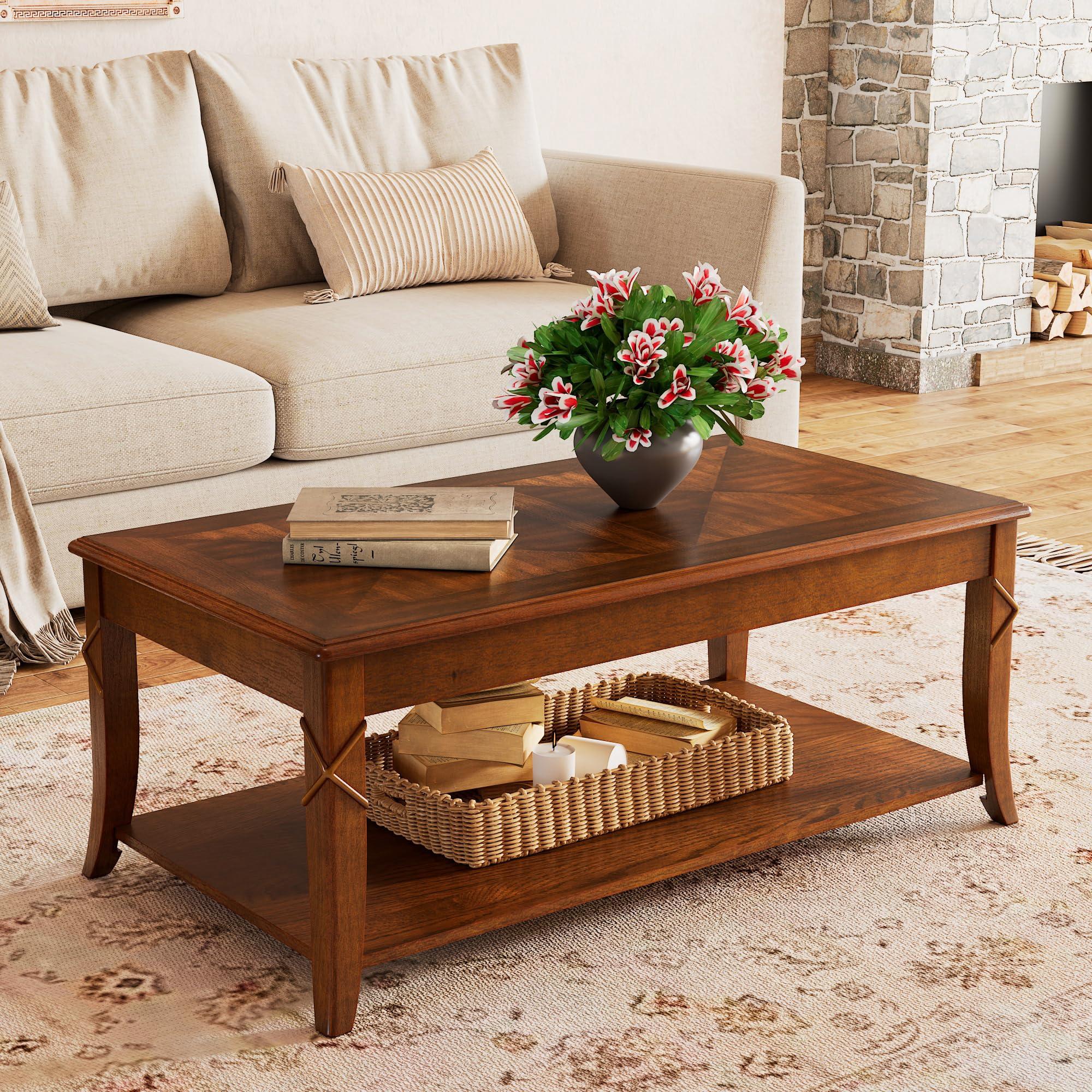 PADMA HOUSE PADMA HOUSE Solid Wood Coffee Table with Shelf, Vintage Rectangle Cocktail Table with Dual Hourglass Tabletop, Apartment Center Sofa Table with Curved Legs for Living Room, 43.3 * 23.6 * 17.7in
