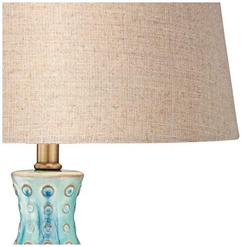 360 Lighting 360 Lighting Mid Century Modern Vase-Shaped Table Lamp 26.5" High Textured Glaze Teal Green Hand-Made Ceramic Tan Linen Drum Shade for Living Room Bedroom House Bedside Home (Color May Vary)