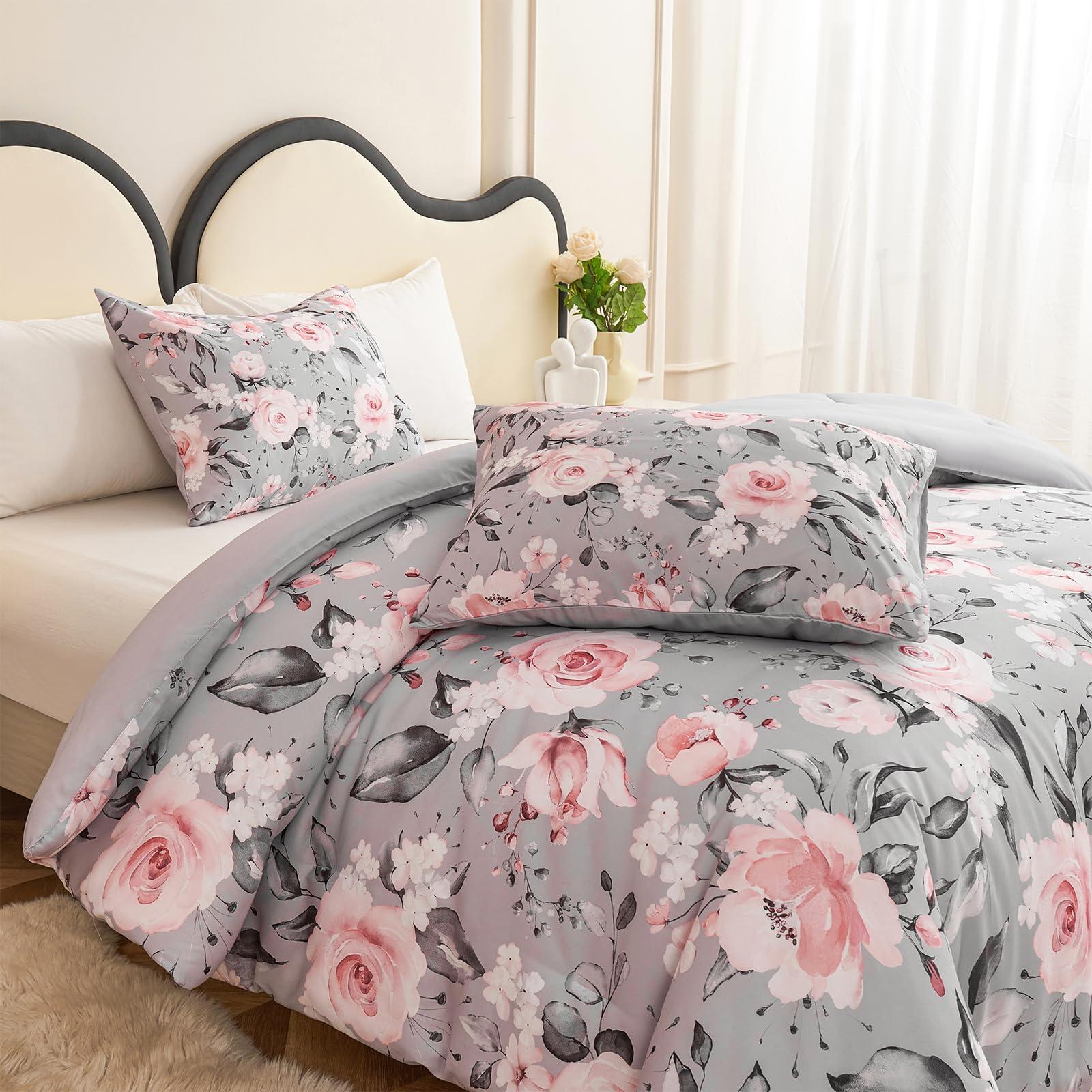 Koniroom Koniroom 3 Pieces Pink and Grey Comforter Set Queen Size, Floral Bedding Sets with Pink Flowers and Leaves Pattern for Women Teen Girls, Reversible All Season Comforter with 2 Pillow Shams