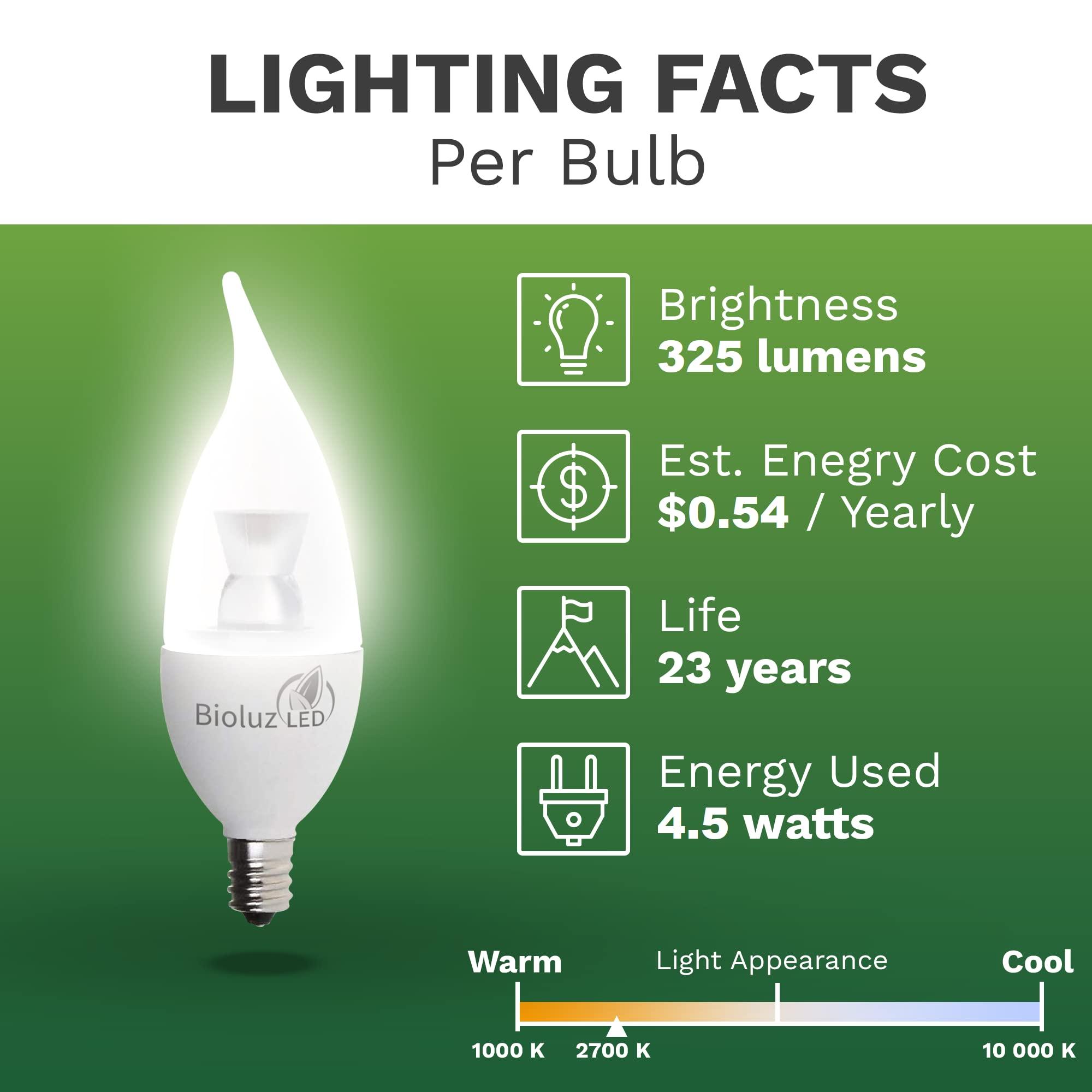 Bioluz LED Bioluz LED 6 Pack Flame Tip Candelabra LED Bulbs, Dimmable 40W E12 Base Candle Light Bulbs, 2700K Warm White LED Light Bulb for Home Decor, Indoor/Outdoor Light Bulb