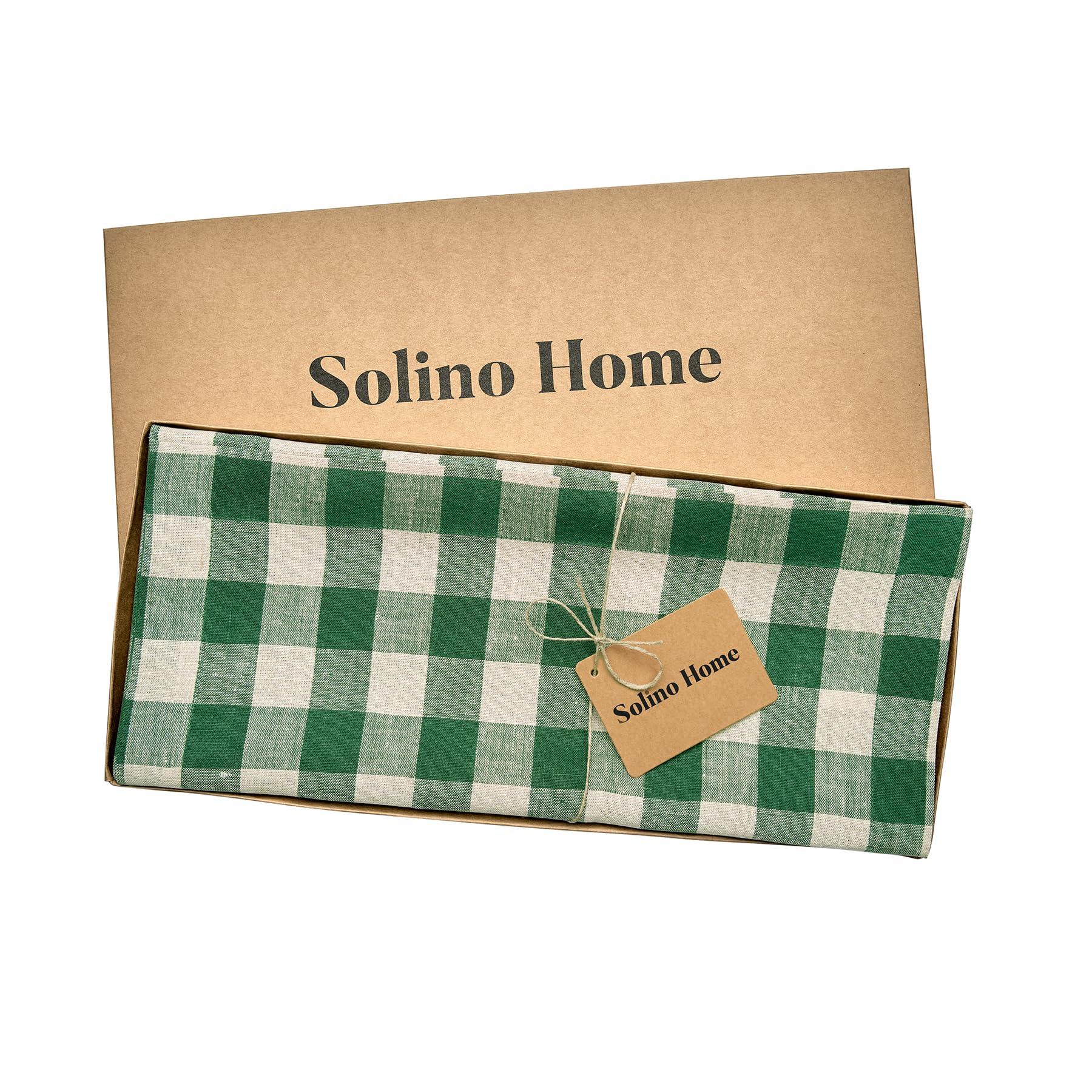 Solino Home Solino Home Linen Buffalo Check Table Runner 72 inches Long 100% Pure Linen Green and Natural Plaid Table Runner 14 x 72 Inch Farmhouse Table Runner, Morgan Check