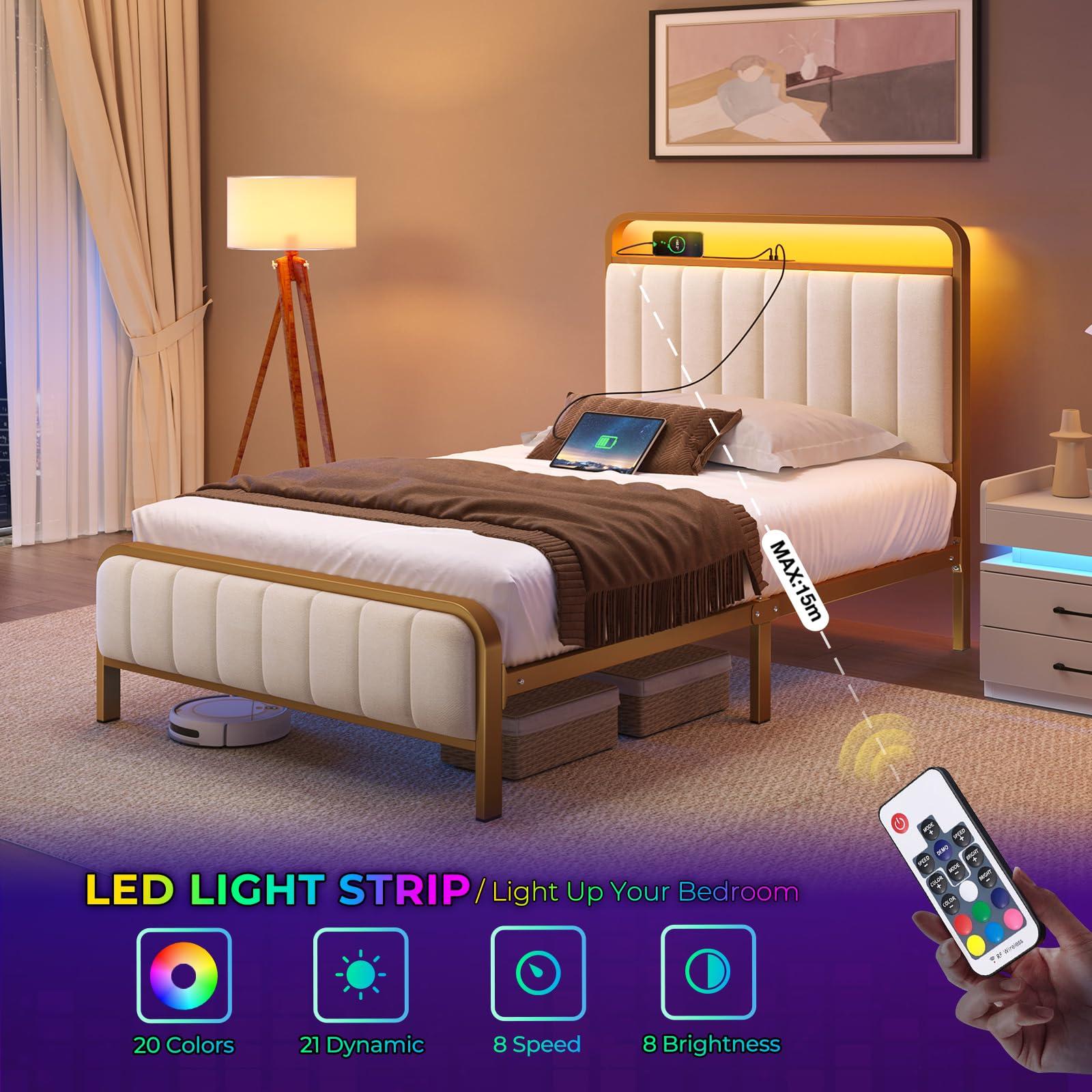 Rolanstar Rolanstar Queen Size Bed Frame with LED Light and Charging Station, Upholstered Headboard and Footboard, Metal Slat, Noise Free, Easy Assembly, Golden