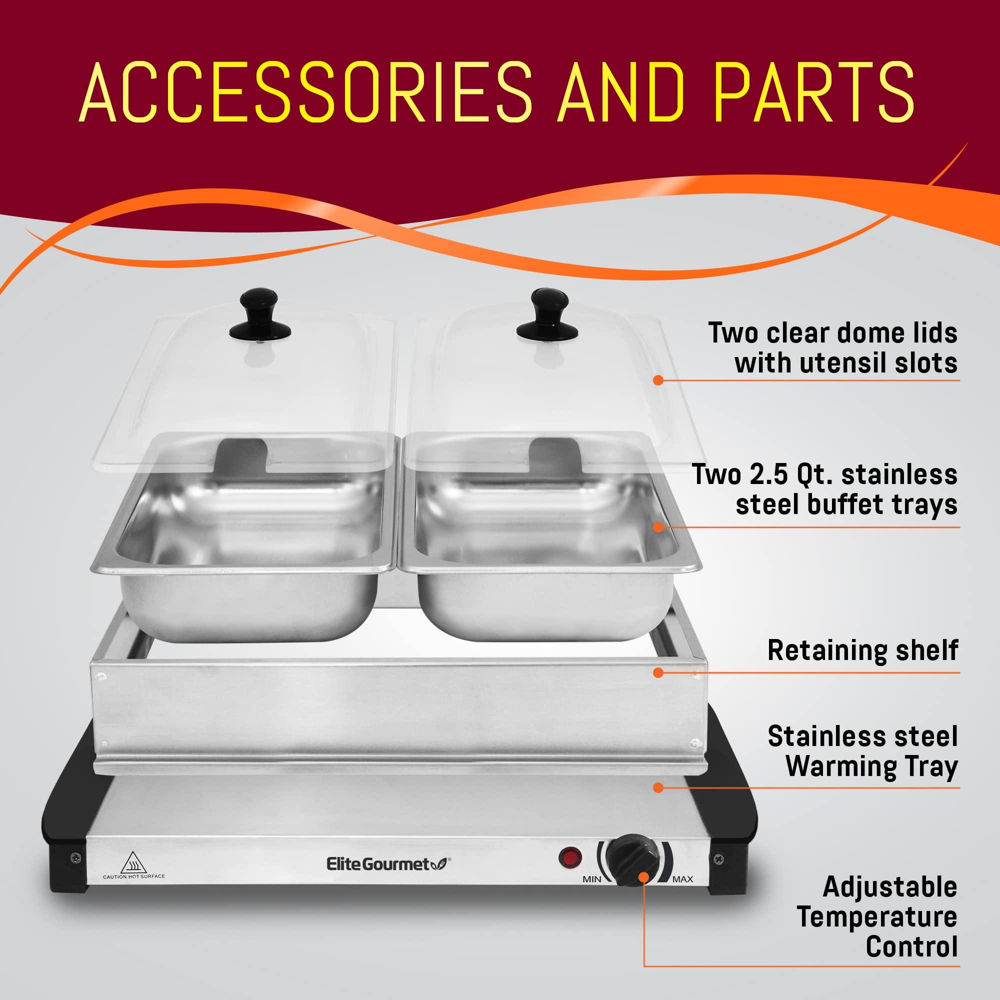 Elite Gourmet Elite Gourmet EWM-6122 Dual 2 x 2.5 Qt. Trays, Buffet Server, Food Warmer Temperature Control, Clear Slotted Lids, Perfect for Parties, Entertaining & Holidays, 5 Qt Total, Stainless Steel