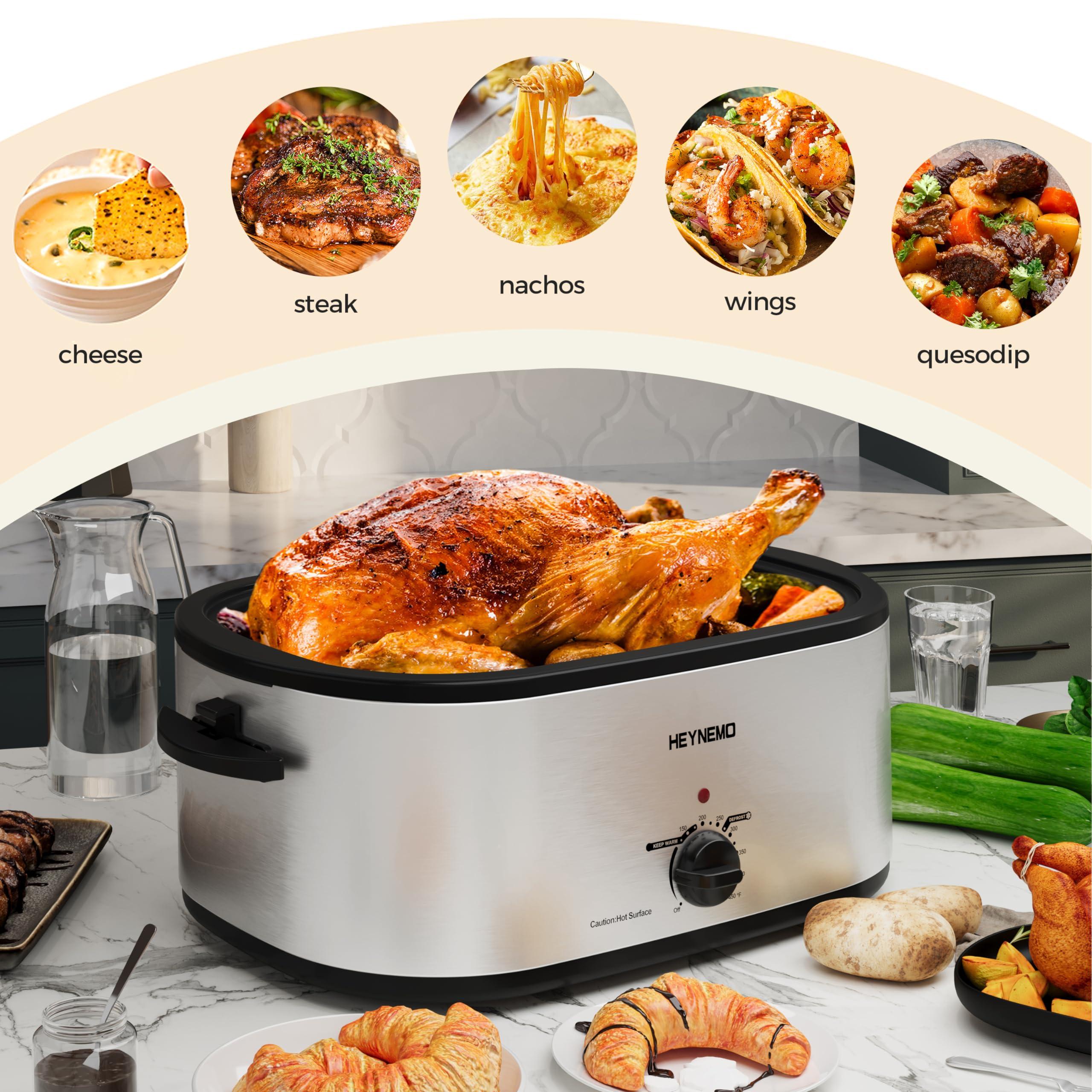 HEYNEMO Roaster Oven, 20Qt Turkey Roaster Oven Buffet with Self-Basting Lid, 1450W Electric Roaster Oven with Cool-Touch Handles, Stainless Steel Roaster Oven with Removable Pan and Rack, Silver