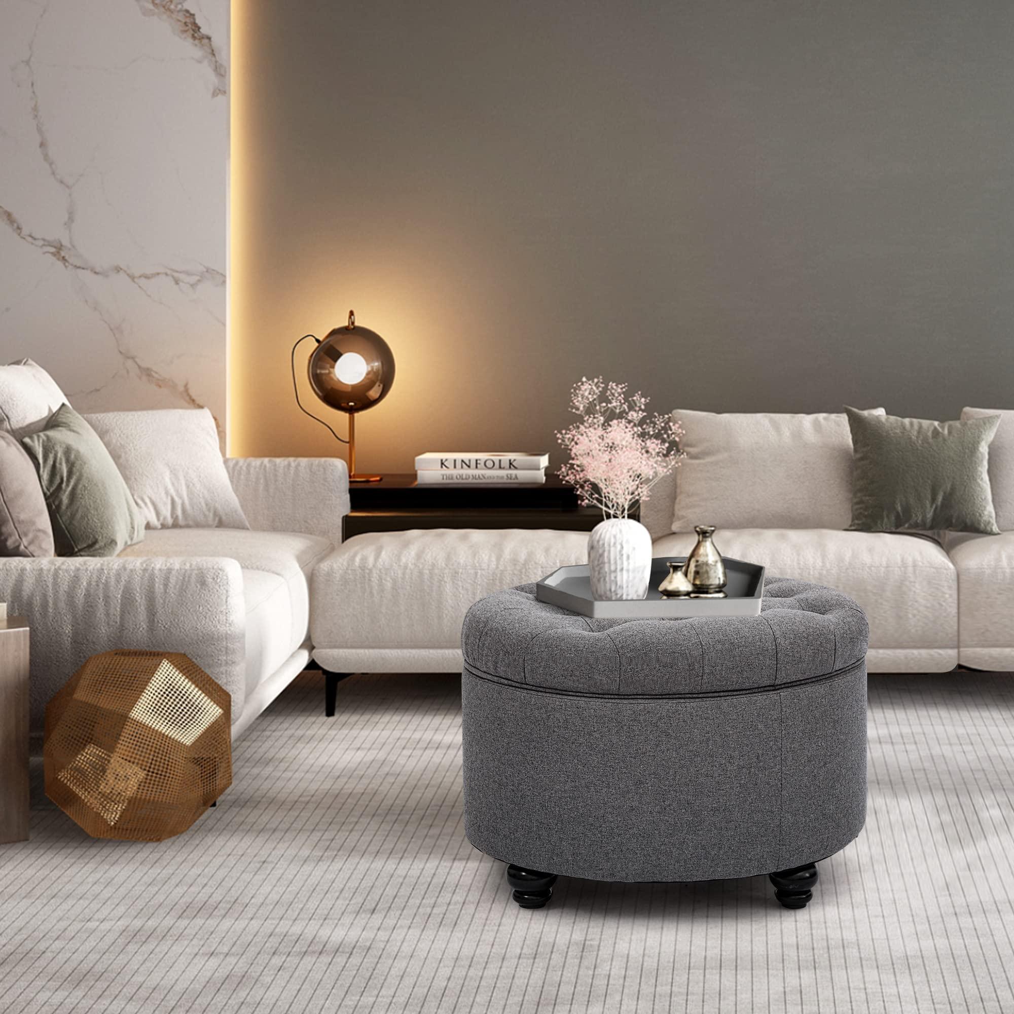 CangLong CangLong Large Button Tufted Fabric Round Storage Ottoman with Storage for Living Room & Bedroom,Dark Grey