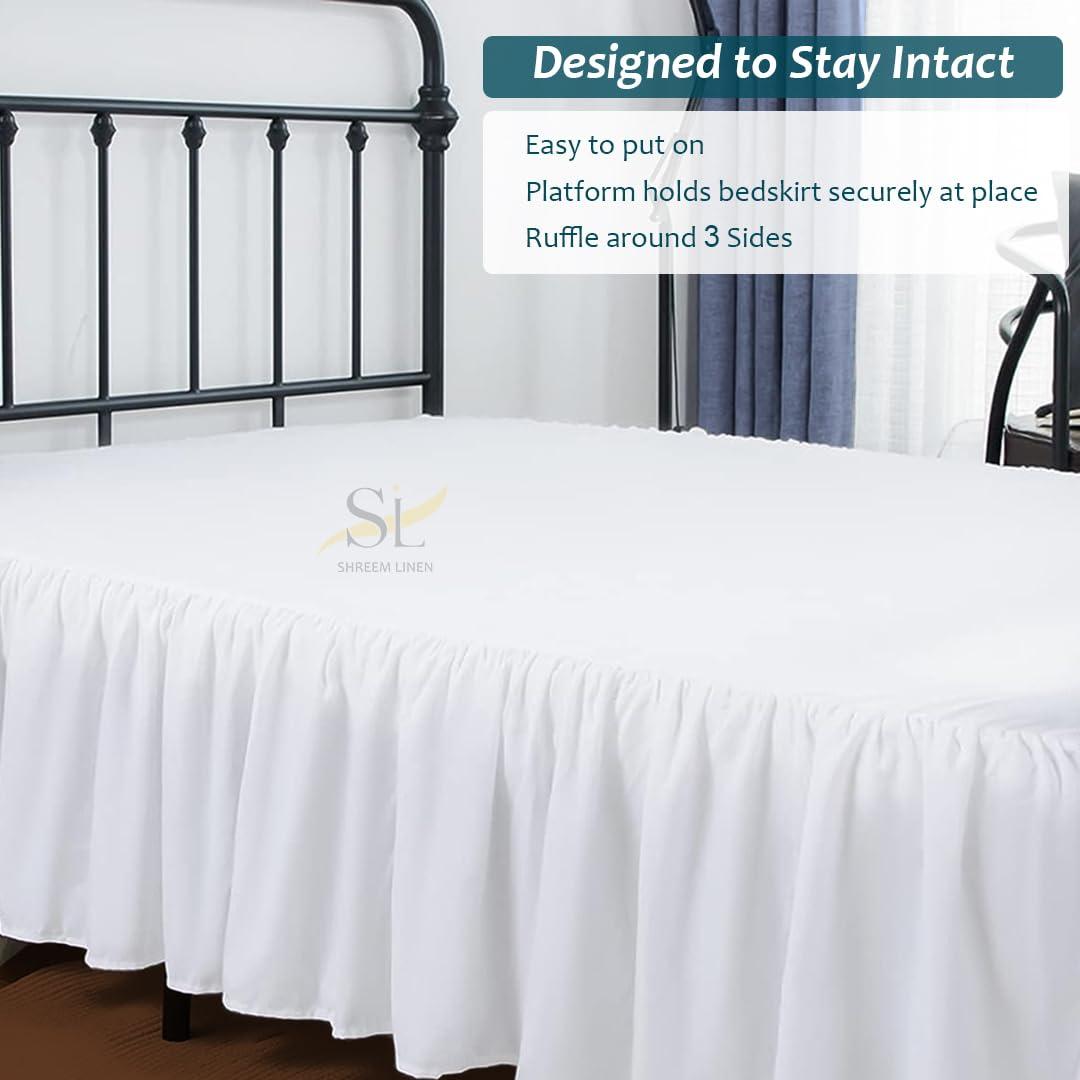 Shreem Linen Ruffled Bed Skirt with Split Corners, Gathered Style, 100% Microfiber-12 Drop, Dust Ruffle Bed Skirts Short Queen, White
