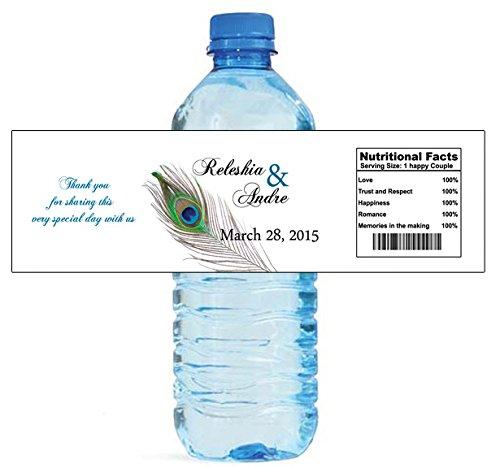 DesignThatSign 100 New Peacock Wedding Water Bottle Labels Great for Engagement Bridal Shower Party 8"x2"