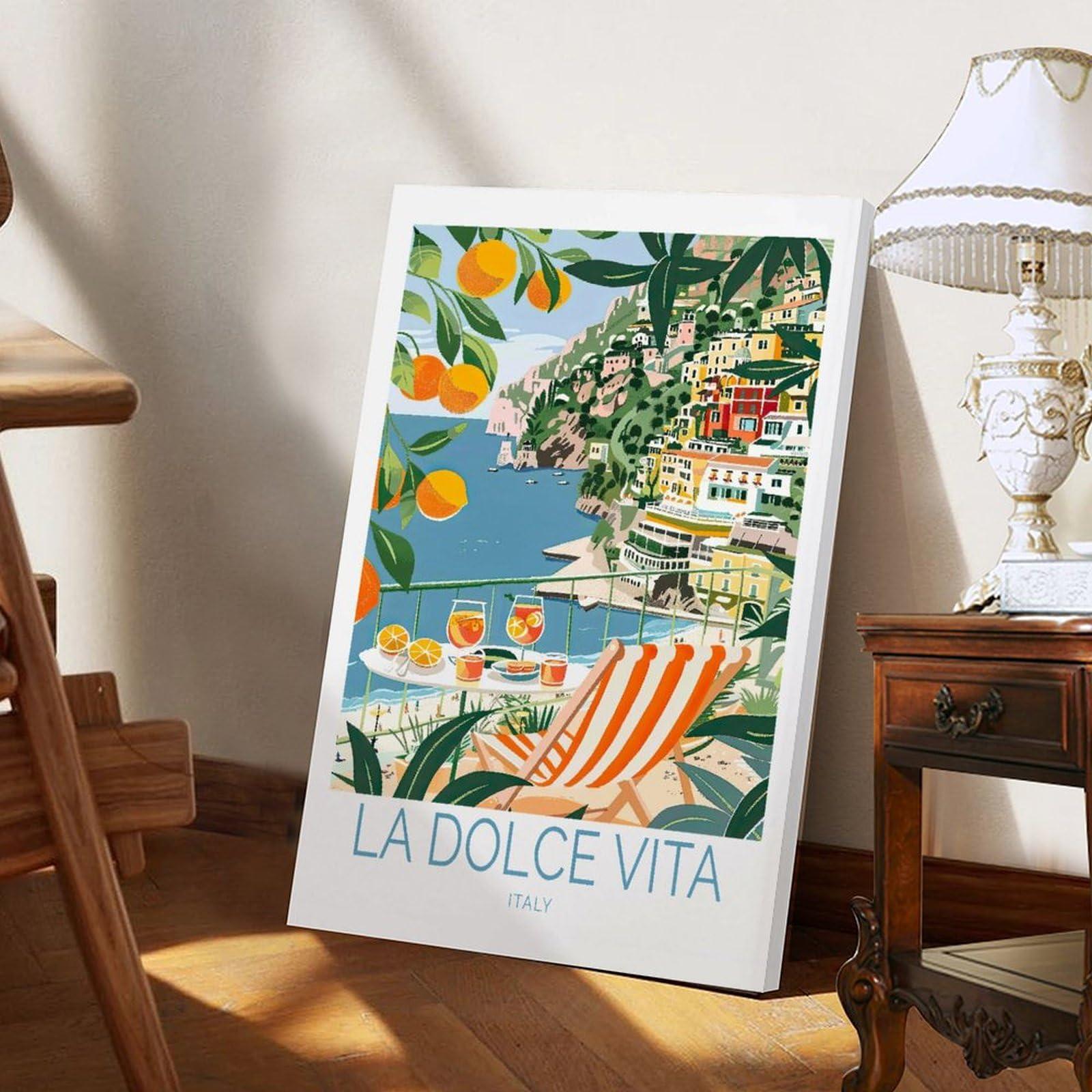 BFXLMKI BFXLMKI La Dolce Vita Travel Poster, Italy Wall Decor, La Dolce Vita Coast Poster, Italian Print, Retro Spritz Art, Honeymoon Gifts Frame-style 16x24inch(40x60cm)