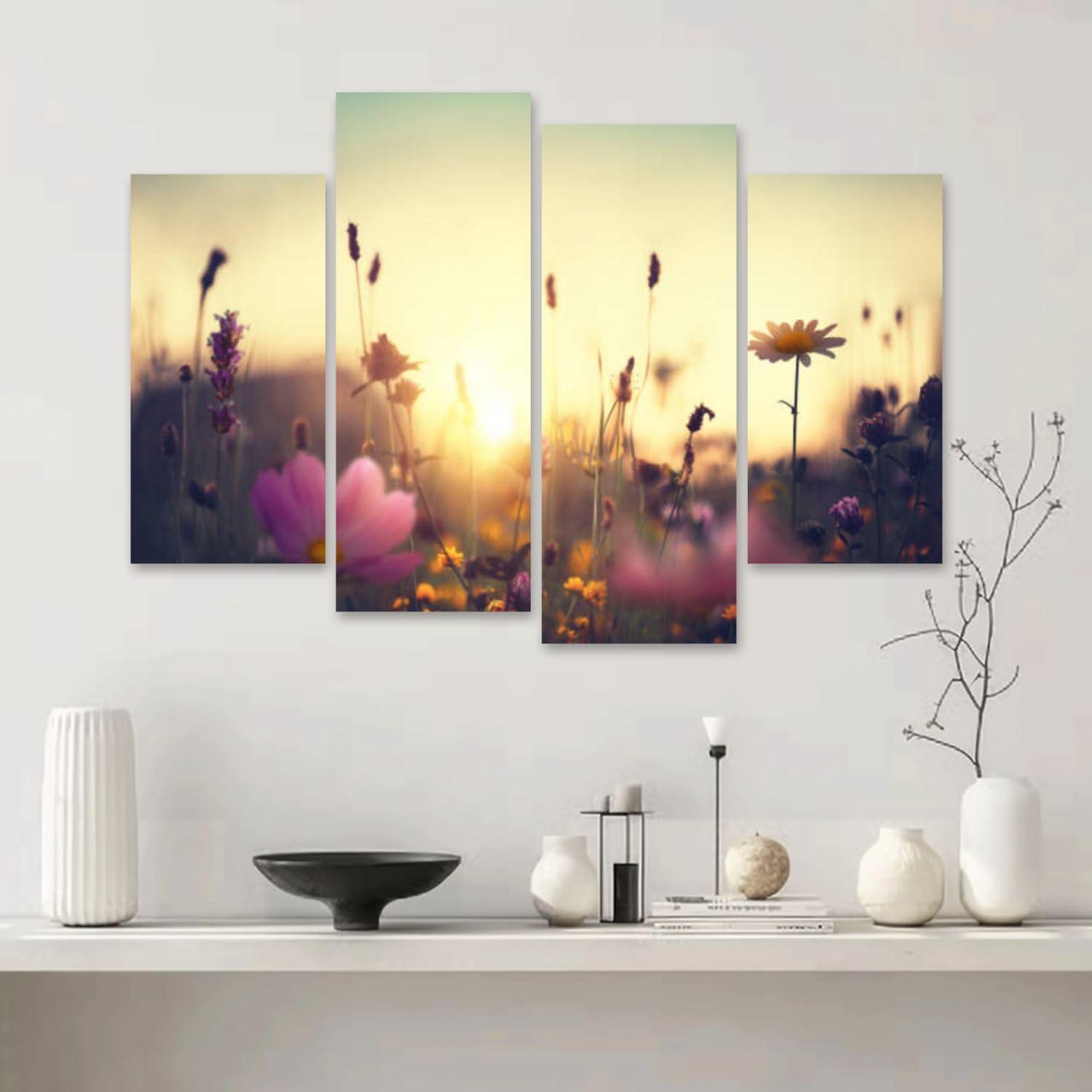 CXHSZHYZYQ CXHSZHYZYQ Canvas Wall Art Prints Pictures Summer Meadow Framed Posters Modern Wall Painting Artwork Gift Home Decor for Living Room Ready to Hang 4 Panel