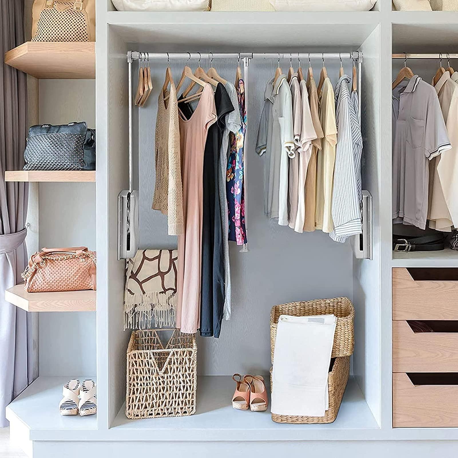 GFUDGBUIFIIIIGEDRI Pull Down Adjustable Wardrobe Rail Adjustable Hanging Lift Clothes Wardrobe Rail Extendable Clothes Hanger Wardrobe Pull Down Rod (Size : 45~60cm) ()