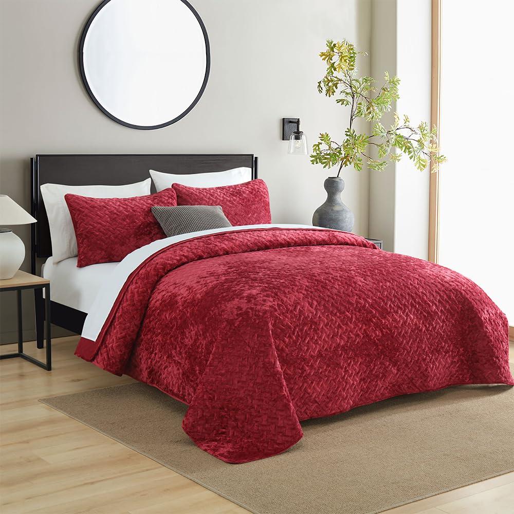 Liians Liians Velvet Bedspread Quilt Bedding Sets,Luxury Elegant Ultra Soft Velvet Comforters Coverlet Blankets,Weave Stitching Pattern Quilted Bedspread for All Seasons,Red,King Size