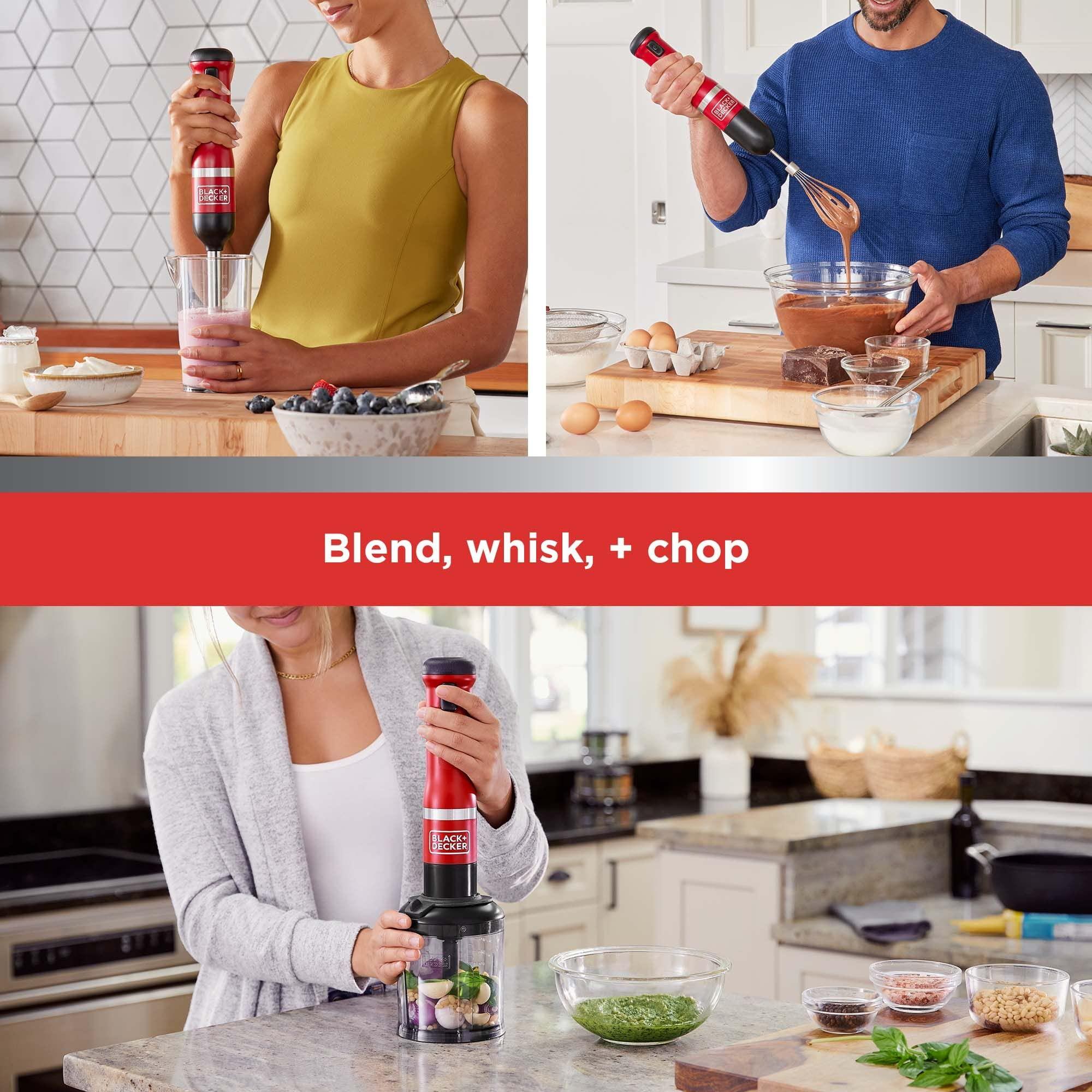 BLACK+DECKER BLACK+DECKER Kitchen Wand Cordless Immersion Blender, 3 in 1 Multi Tool Set, Hand Blender with Charging Dock, Whisk, and Chopper, Red (BCKM1013K06)
