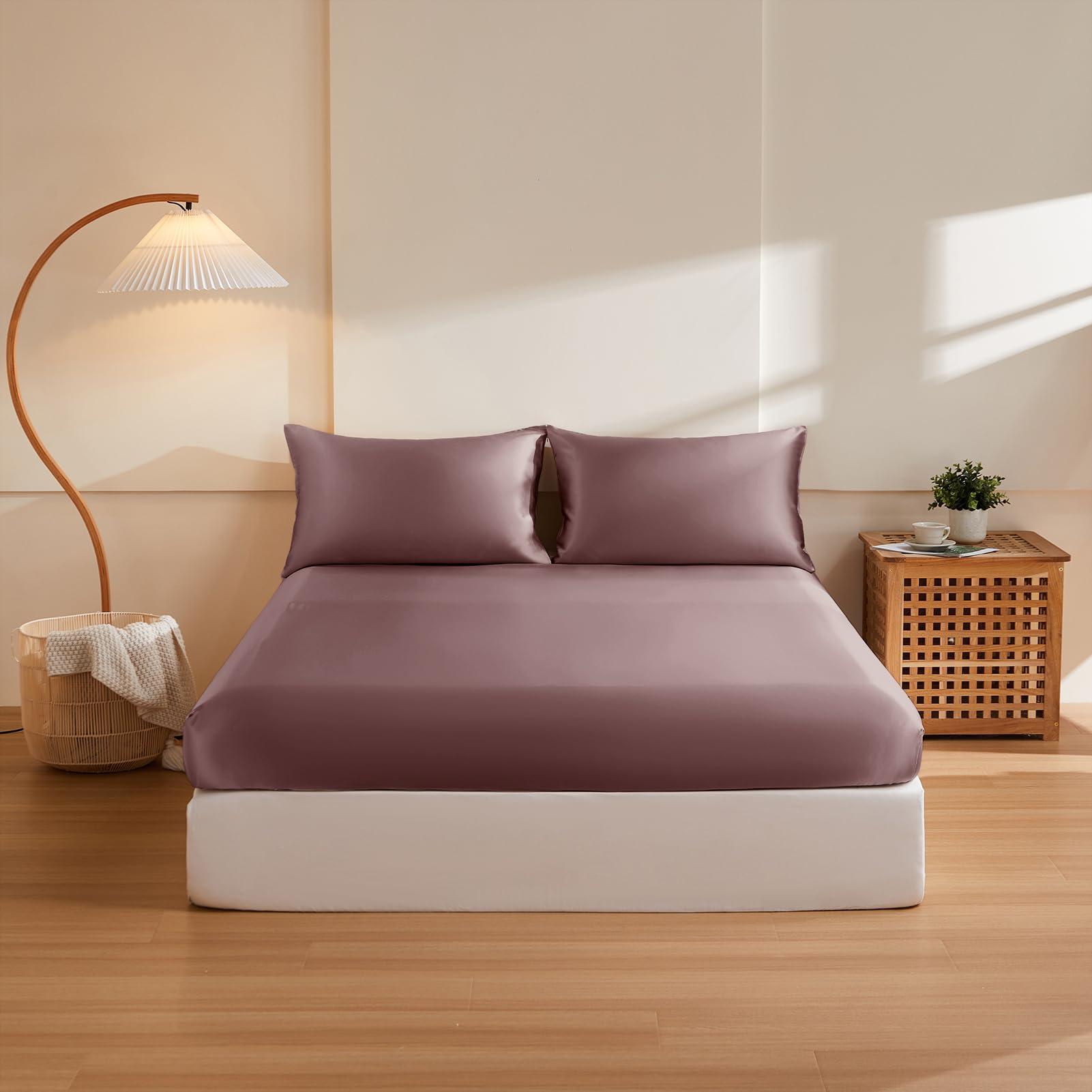 THXSILK THXSILK Silk Cal. King Fitted Sheet 3Pcs Set, 6A+ Top Grade 100% Pure Mulberry Silk Bed Sheets Set Luxury Bedding Sheet for Hair and Skin, 1 Fitted Sheet with 2 Pillowcases, Purple