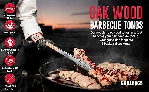 GRILLHOGS 16\" Extra Long Tongs 18/0 Stainless Steel BBQ Grill Tongs with Ergonomic Real Oak Wood Handle for Cooking - Durable Grilling Accessory, Tongs for Cooking & Kitchen, Outdoor Barbecue, Easy to Clean