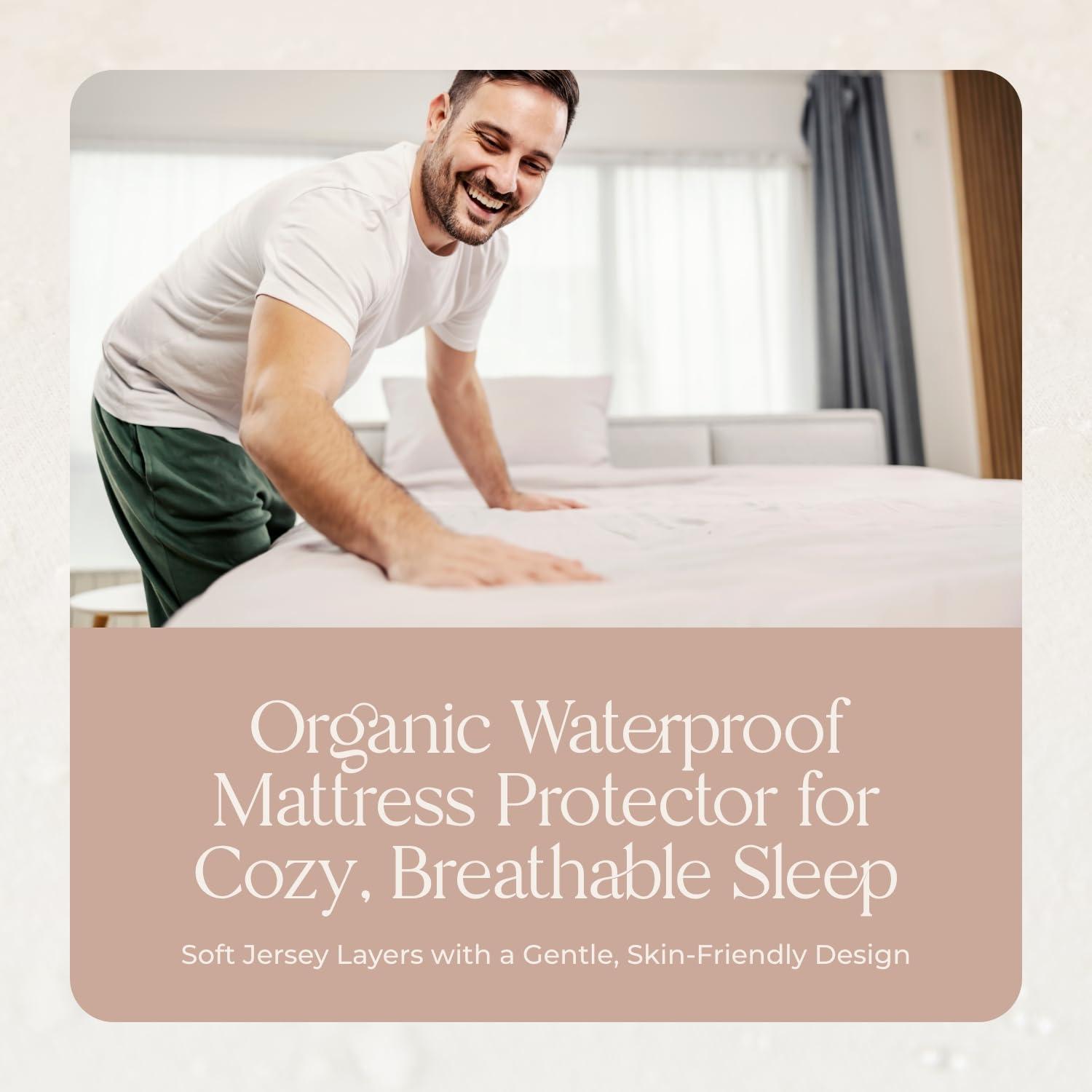 Whisper Organics Organic Waterproof Mattress Protector Queen Size - 100% Waterproof Mattress Pad with Quiet & Breathable Triple Layer Protection - Fairtrade & GOTS Certified Durable Machine Washable Design (Queen)