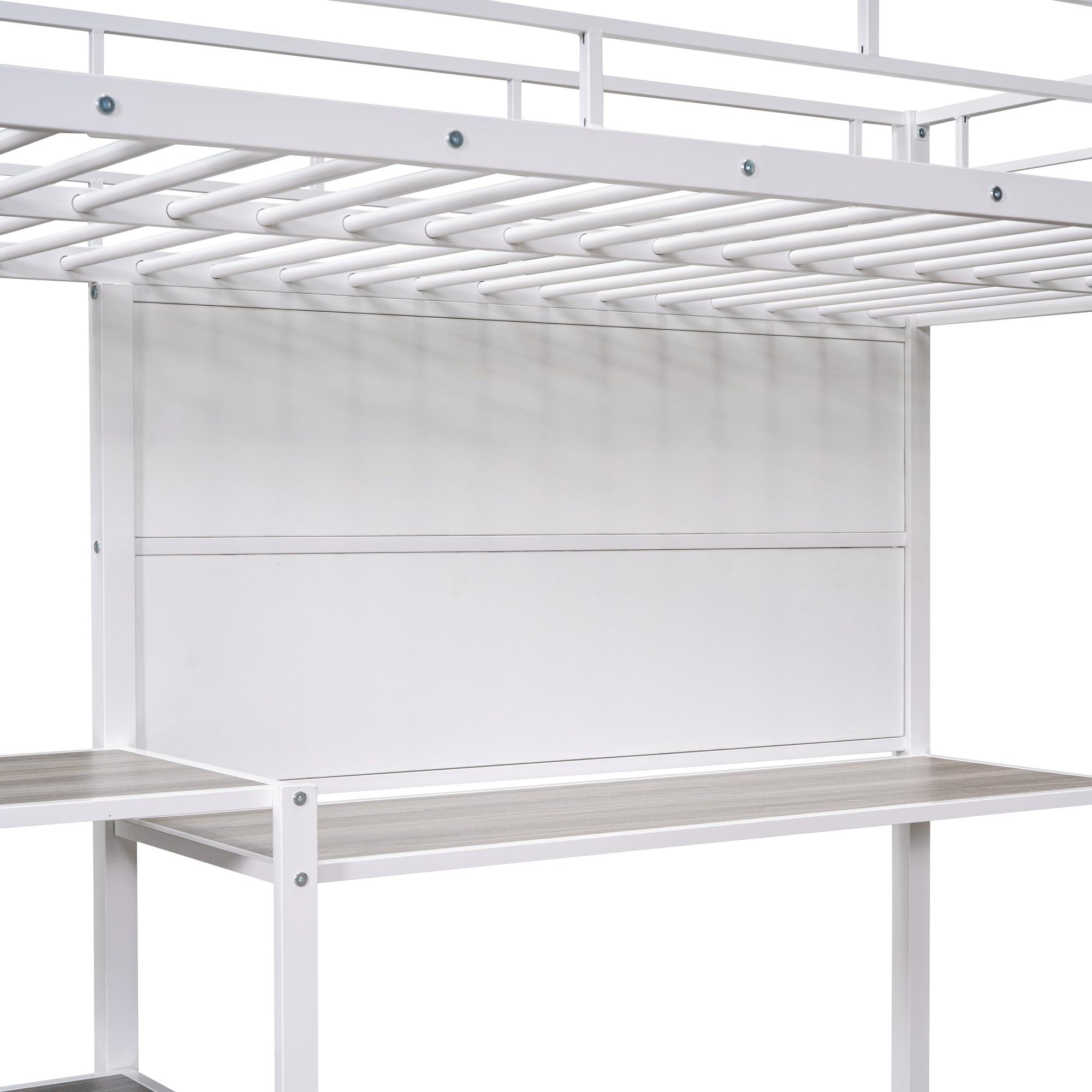VilroCaz VilroCaz Twin Size Loft Bed with Desk and Whiteboard, Heavy Duty Metal Loft Bed Frame with 3 Shelves and Full-Length Guardrail for Bedroom Guest Room Apartment, Maximized Space (at-White)