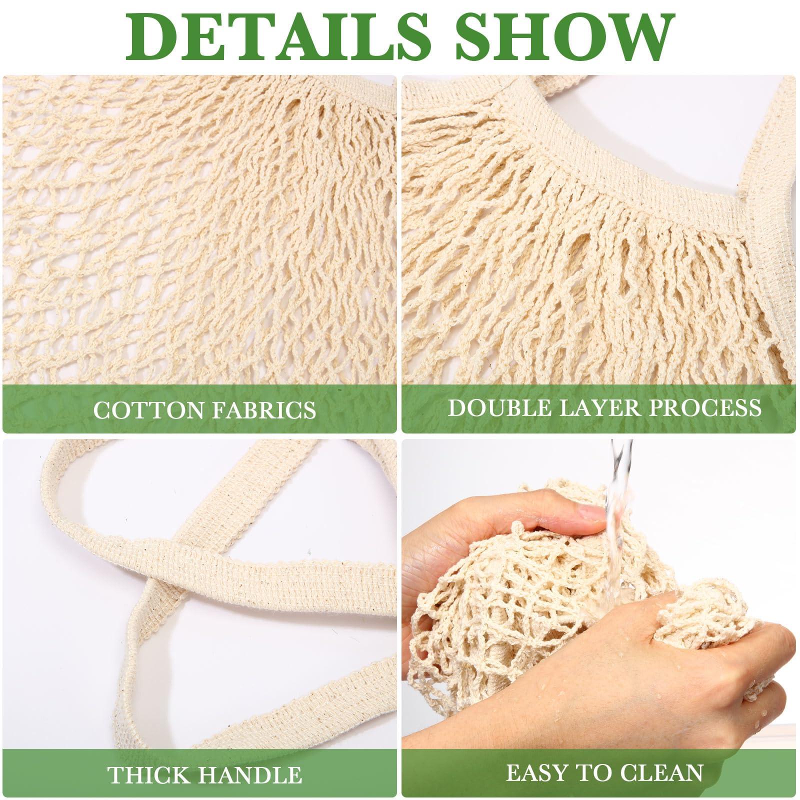 Woanger Woanger 24 Pcs Reusable Cotton Mesh Produce Shopping Bags Washable Grocery Bag Net Portable Fruit and Vegetable Bag Cotton String Bags Long Handle Net Tote Organizer (Short Handle)