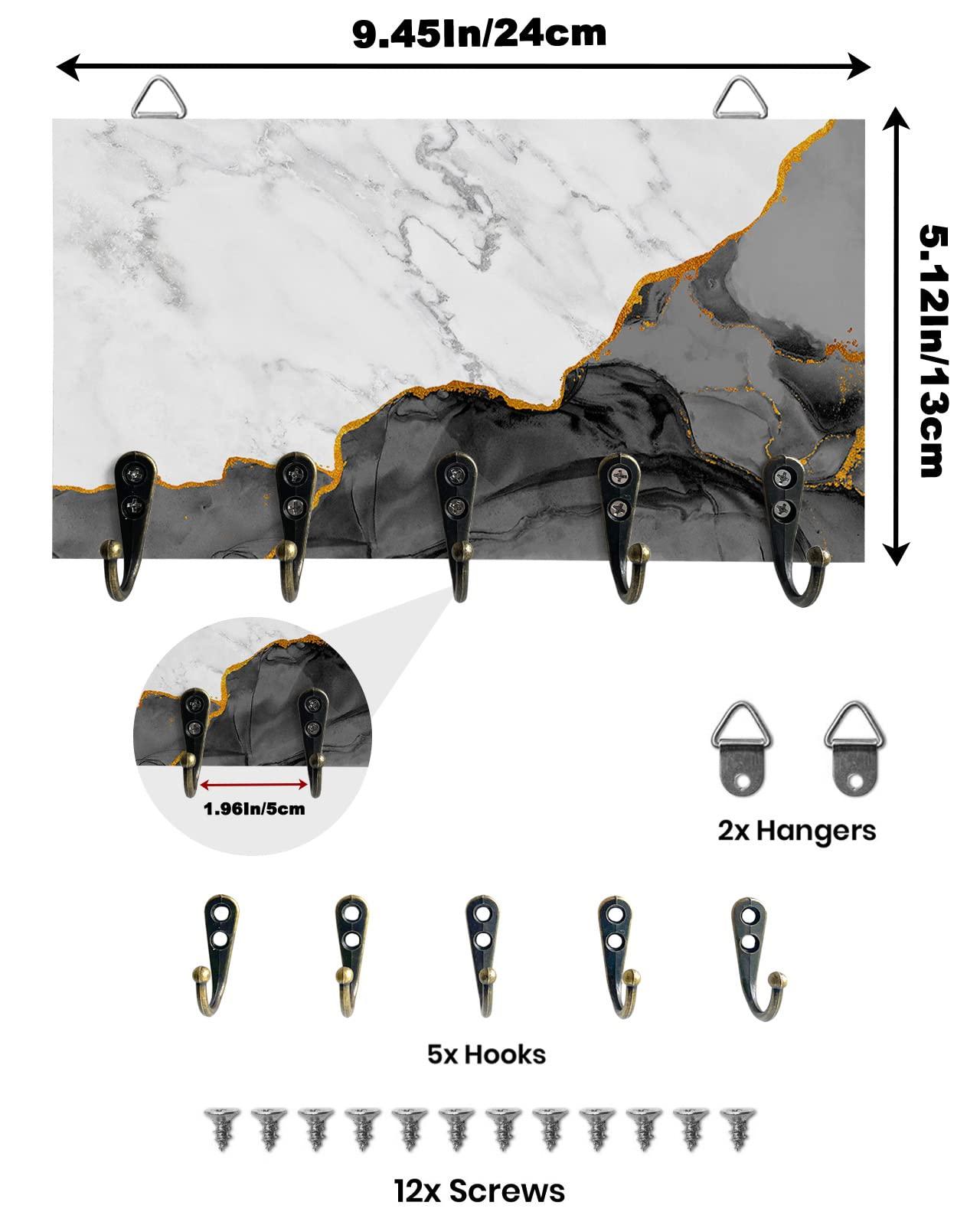 FortuneHouse8 Key Holder for Wall Black Grey Marble Decorative Key Hanger for Wall White Modern Abstract Art Luxurious Wall Mounted Key Racks with 5 Key Hooks Wood Key Holder for Entryway Hallway Doorway Office