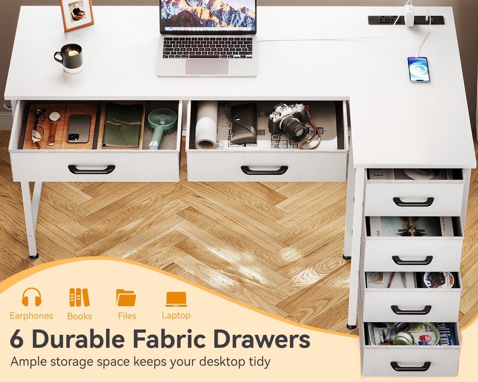 Coleshome Coleshome 50 Inch L Shaped Desk with Drawers, Computer Desk with Power Outlets, Home Office Desk with 6 Drawers, Reversible Corner Desk for Small Space, Study Work Table with Hook, White