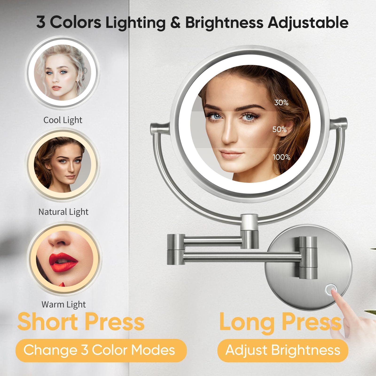 GURUN GURUN Wall Mounted Hardwired Makeup Mirror with 3 Dimmable LED Lights 10x Magnifying Mirror for Bathroom Touch Control 13\" Extendable Arm Direct Wire Brushed Nickel M1809DN (10x,Nickel)