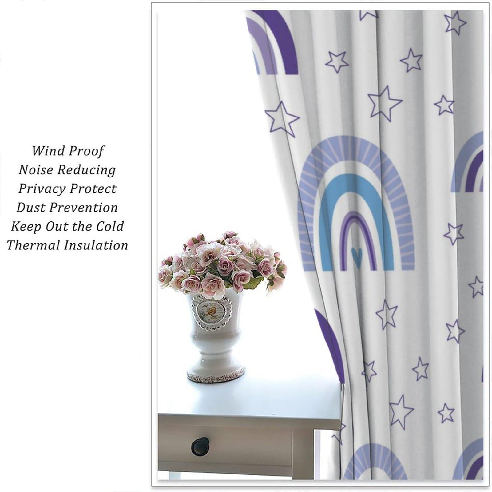 Chocolatemaoutdash Cute Nursery Rainbow Blackout Curtains Stars,Scandinavian Fun Print Purple Colours Rod Pocket Thermal Insulated Drapes Curtain for Kids,Teens Bedroom Living Room Kitchen 21x45in x 2