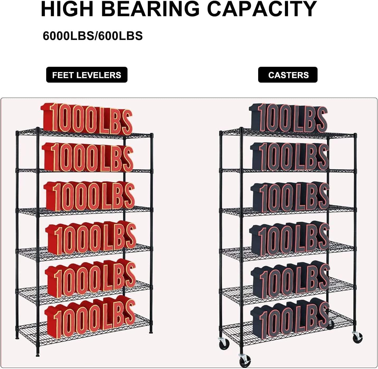 NiamVelo Heavy Duty 6 Tier Wire Shelving Unit Adjustable Storage Rack on Wheels 6000 Lbs Weight Capacity Metal Shelves Space Saving Wire Shelf Multifunctional Garage Shelving for Commercial Storage, Black