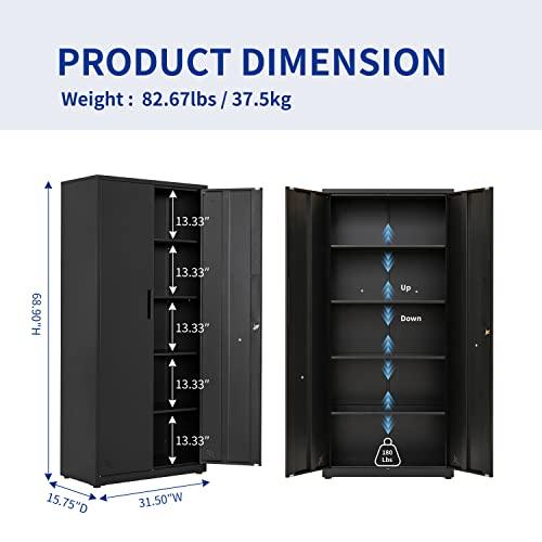 Majnesvon Majnesvon Metal Garage Storage Cabinet - 72" Locking Metal Storage Cabinet with 2 Doors and Adjustable Shelves & Locking Doors - Garage Cabinets for Tool Storage - Black