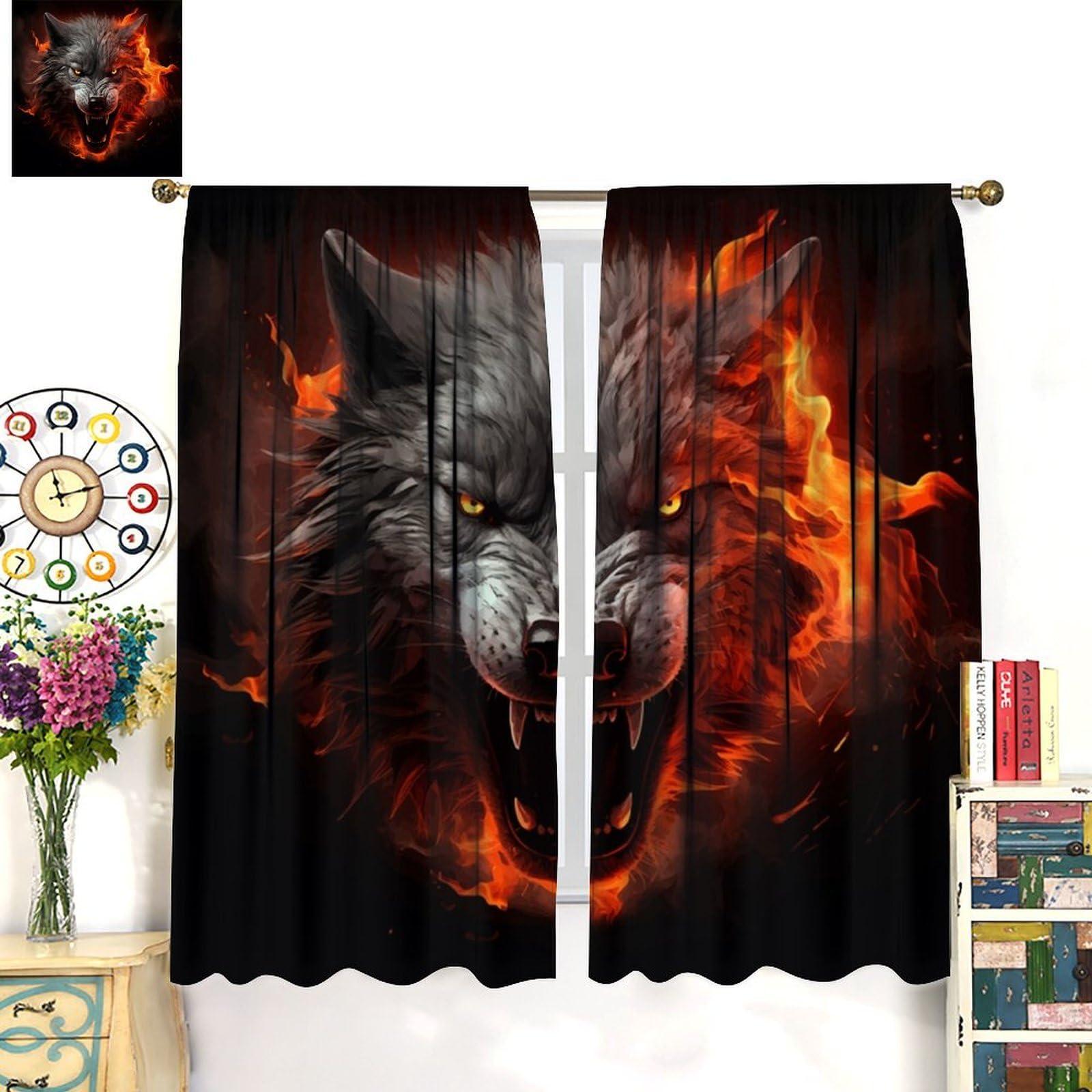 BATPLY Wild Animal Curtains, Black Red Fantastic Cool Scary Real Wolf Head with Burning Fire, Thermal Insulation Blackout Rod Pocket Window Treatments for Living Room Bedroom Bathroom (21x54in) x2 Panels