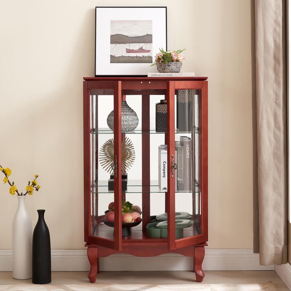 OCACA OCACA 2 Doors Curio Cabinet with Tempered Glass Doors, Curio Cabinets with Mirrored Back Panel and Adjustable Shelves, Lighted Display Cabinet for Home, Office Light Bulb Included Cherry