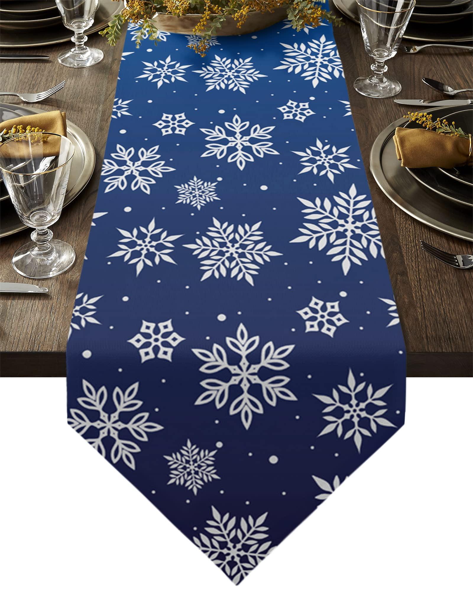 ZFUNCING Linen Table Runner-90Inch Long Christmas White Snowflake on Blue Washable Burlap Table Runners Winter Snowy Dining Dresser Scarfs for Kitchen Wedding Holiday Party Tables Decor