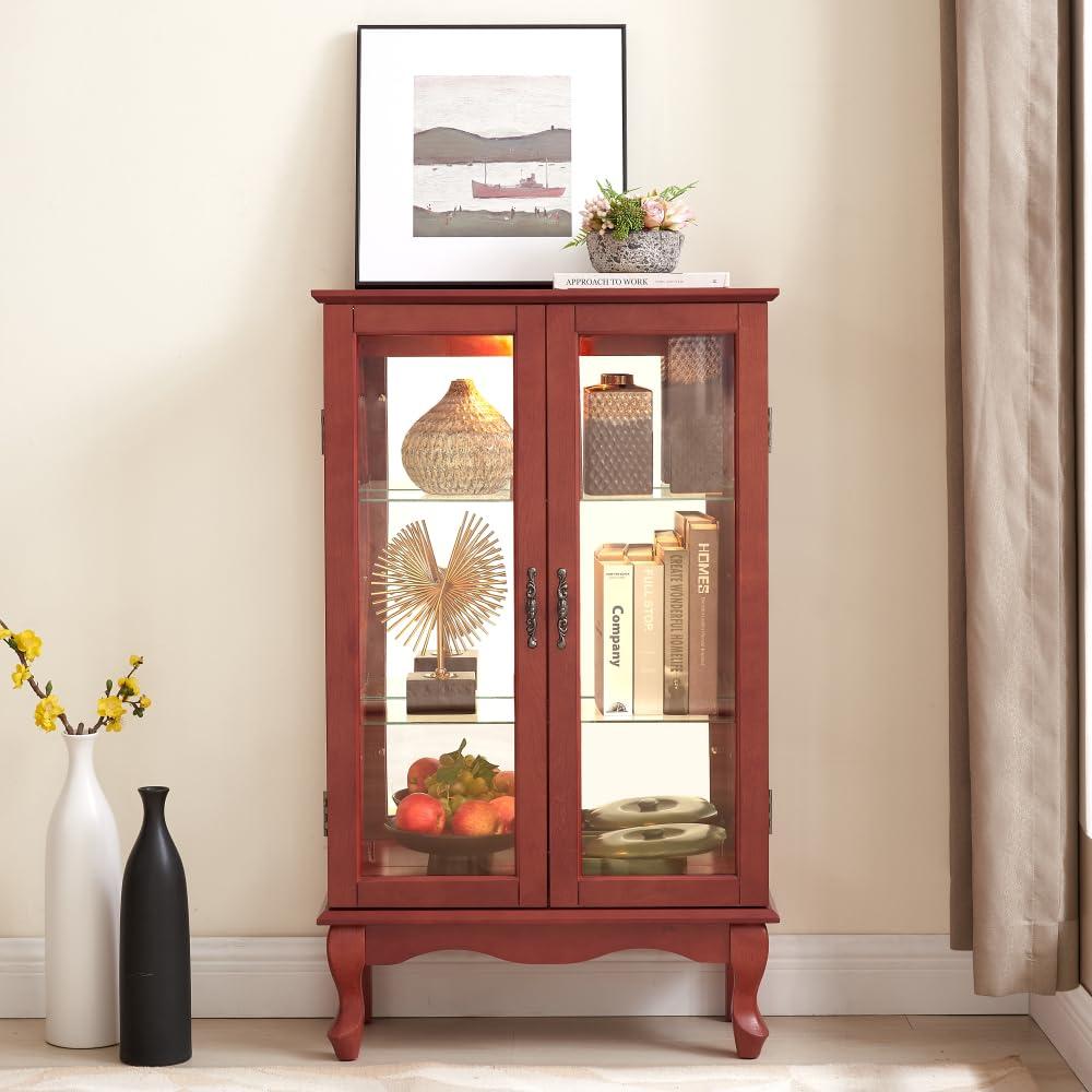 OCACA OCACA 2 Doors Curio Cabinet with Tempered Glass Doors, Curio Cabinets with Mirrored Back Panel and Adjustable Shelves, Lighted Display Cabinet for Home, Office Light Bulb Included Cherry