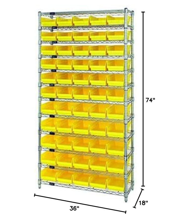 QUANTUM STORAGE SYSTEMS Quantum Storage Systems WR12-104YL 12-Tier Complete Wire Shelving System with 55 QSB104 Yellow Bins, Chrome Finish, 18" Width x 36" Length x 74" Height