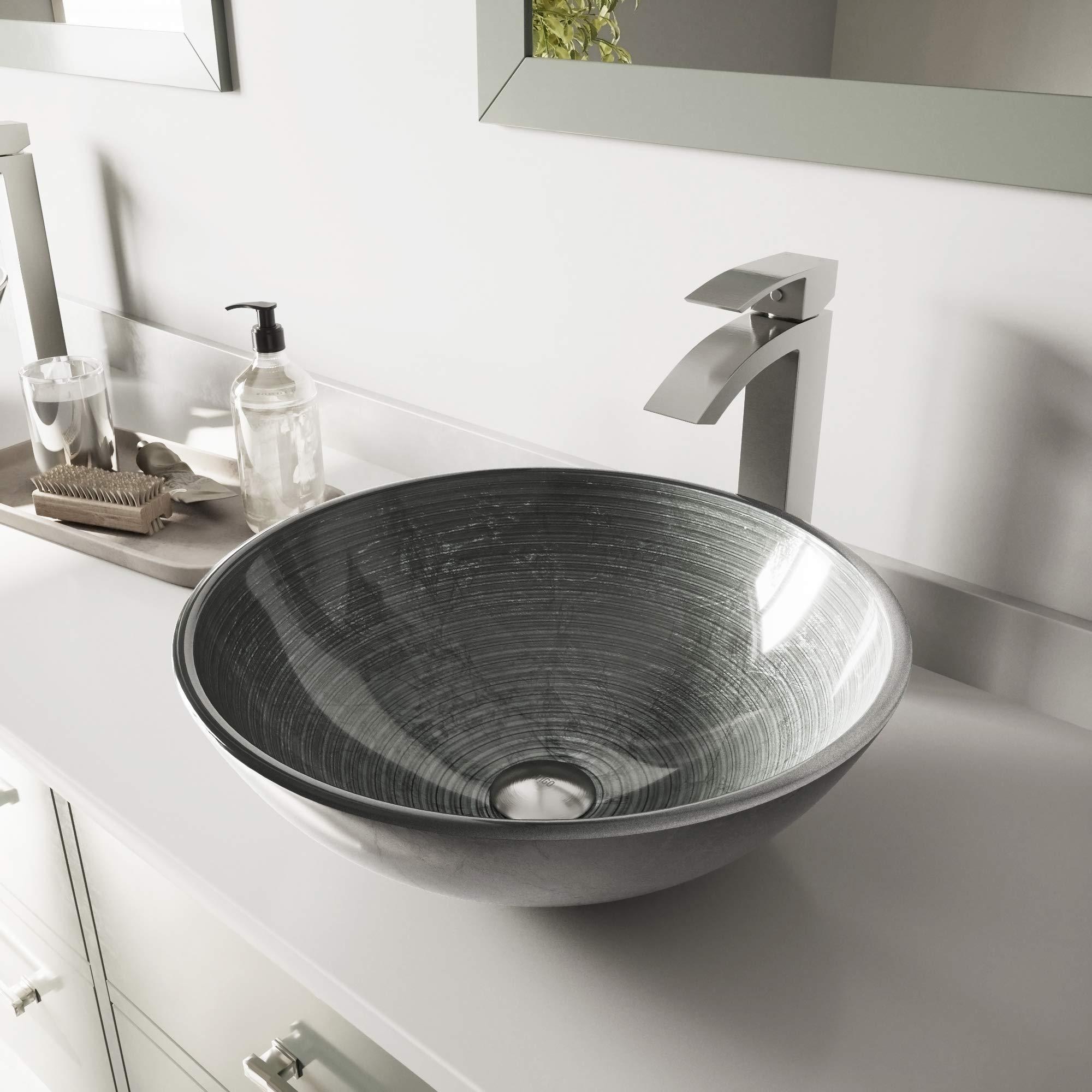 VIGO VIGO 17\" L -17\" W -12\" H Giovanni Glass Round Vessel Sink Set in Silver with Faucet and Drain -VGT603