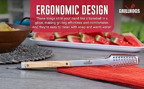 GRILLHOGS 16\" Extra Long Tongs 18/0 Stainless Steel BBQ Grill Tongs with Ergonomic Real Oak Wood Handle for Cooking - Durable Grilling Accessory, Tongs for Cooking & Kitchen, Outdoor Barbecue, Easy to Clean