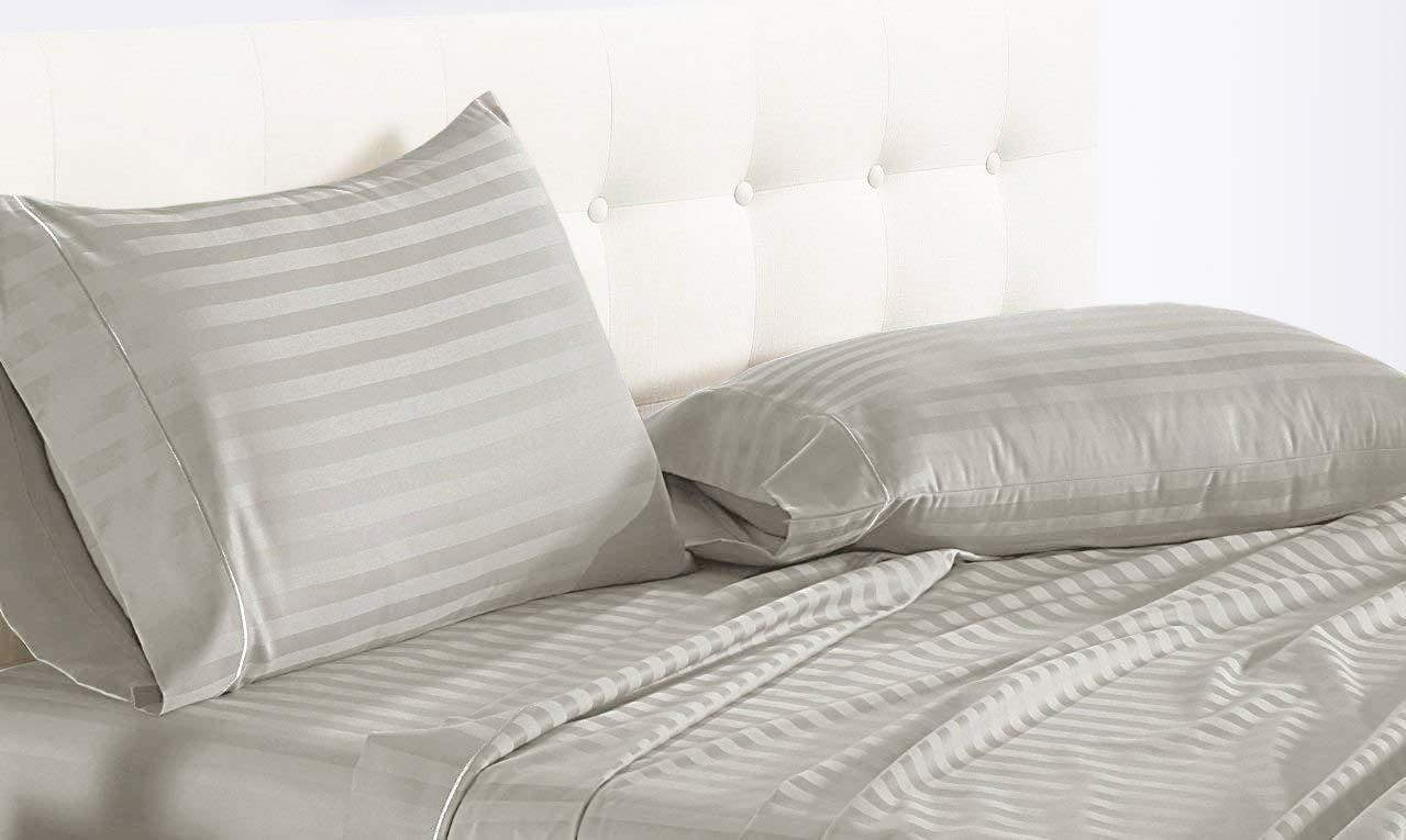 Ready To Rest 4 Piece Full XL Sheet Set, Full Extra Long Size Light Grey Stripe, 100% Egyptian Cotton, 600-Thread-Count Cooling Bed Sheets, 6 Inch Deep Pocket of Fitted Sheet, Full Long Bed Sheets for Dorm Bedding