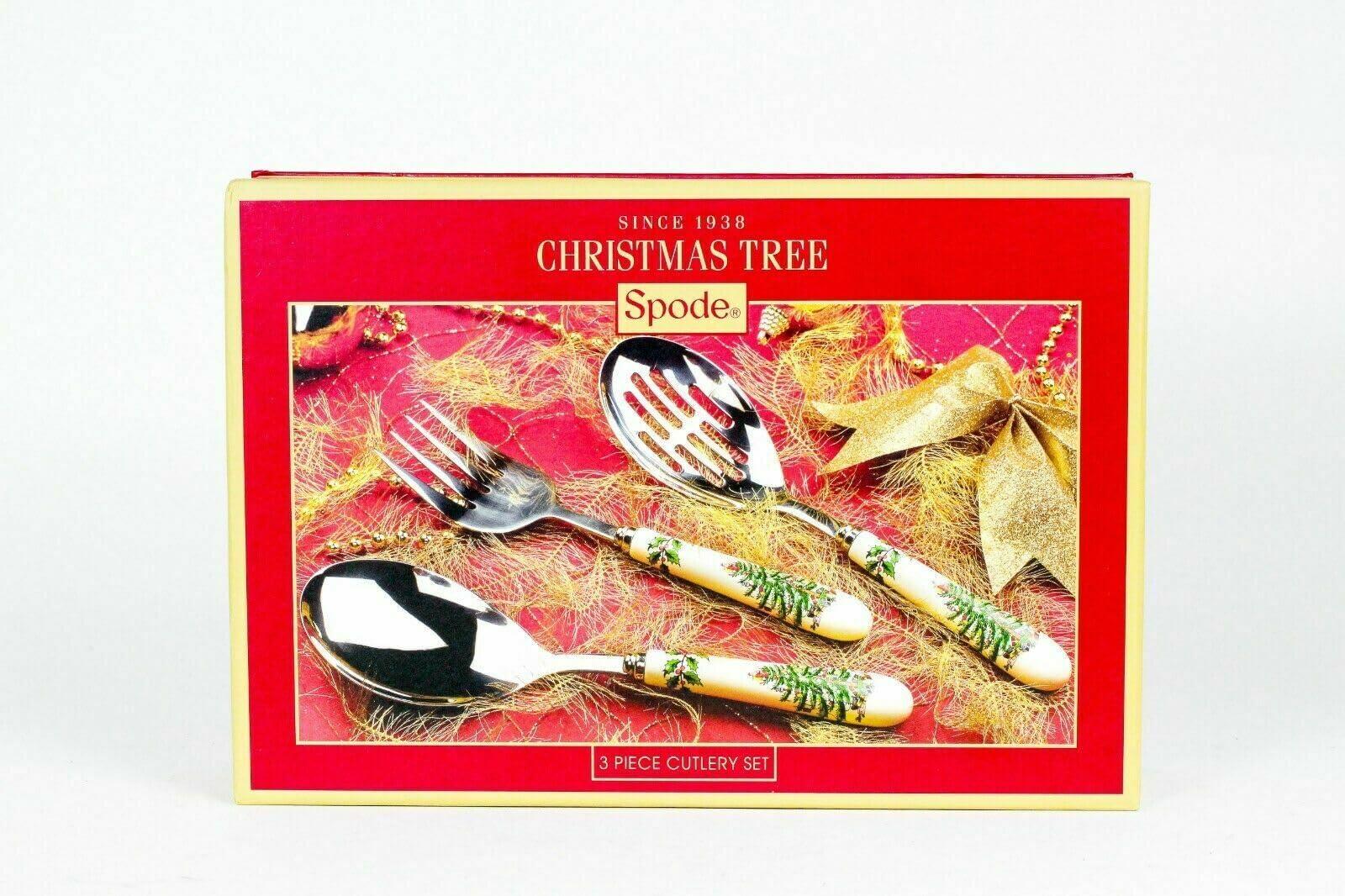 Spode Spode Christmas Tree 3-Piece Stainless Steel Cutlery Set - Porcelain Handle Flatware with Meat Fork, Serving Spoon, and Slotted Spoo - Holiday Silverware for Christmas Dinners & Seasonal Gatherings