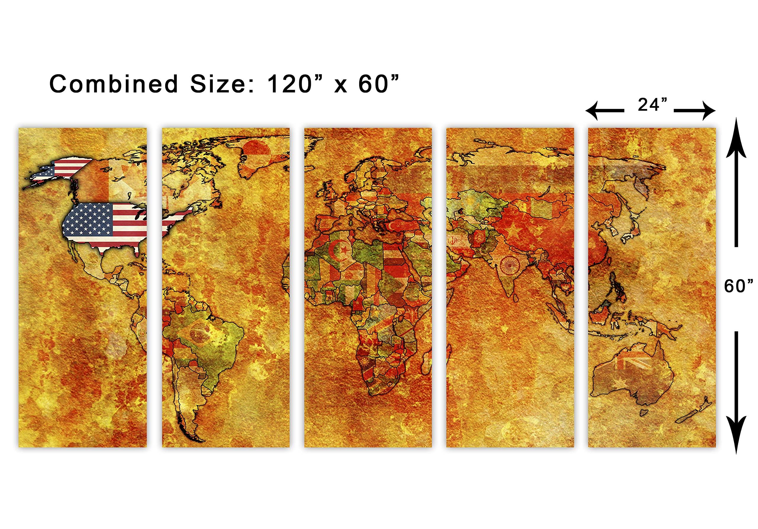 Canvas Quest 120 x 60 TOTAL - Flags World Map Canvas Print - 5 Panel Split Wall Art. World Countries