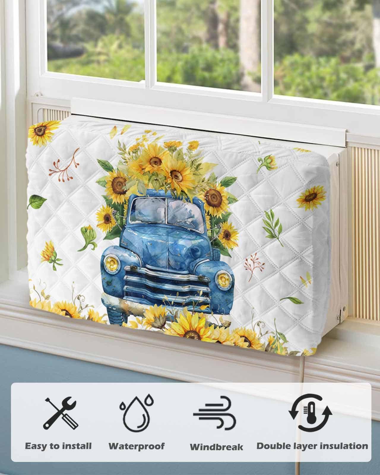 Falaniique Sunflower Indoor Air Conditioner Cover for Window Units, Double Insulation Adjustable Waterproof Indoor AC Cover with Elastic Straps 17'' x 13'' x 3.5'' Farmhouse Blue Truck Floral Modern White