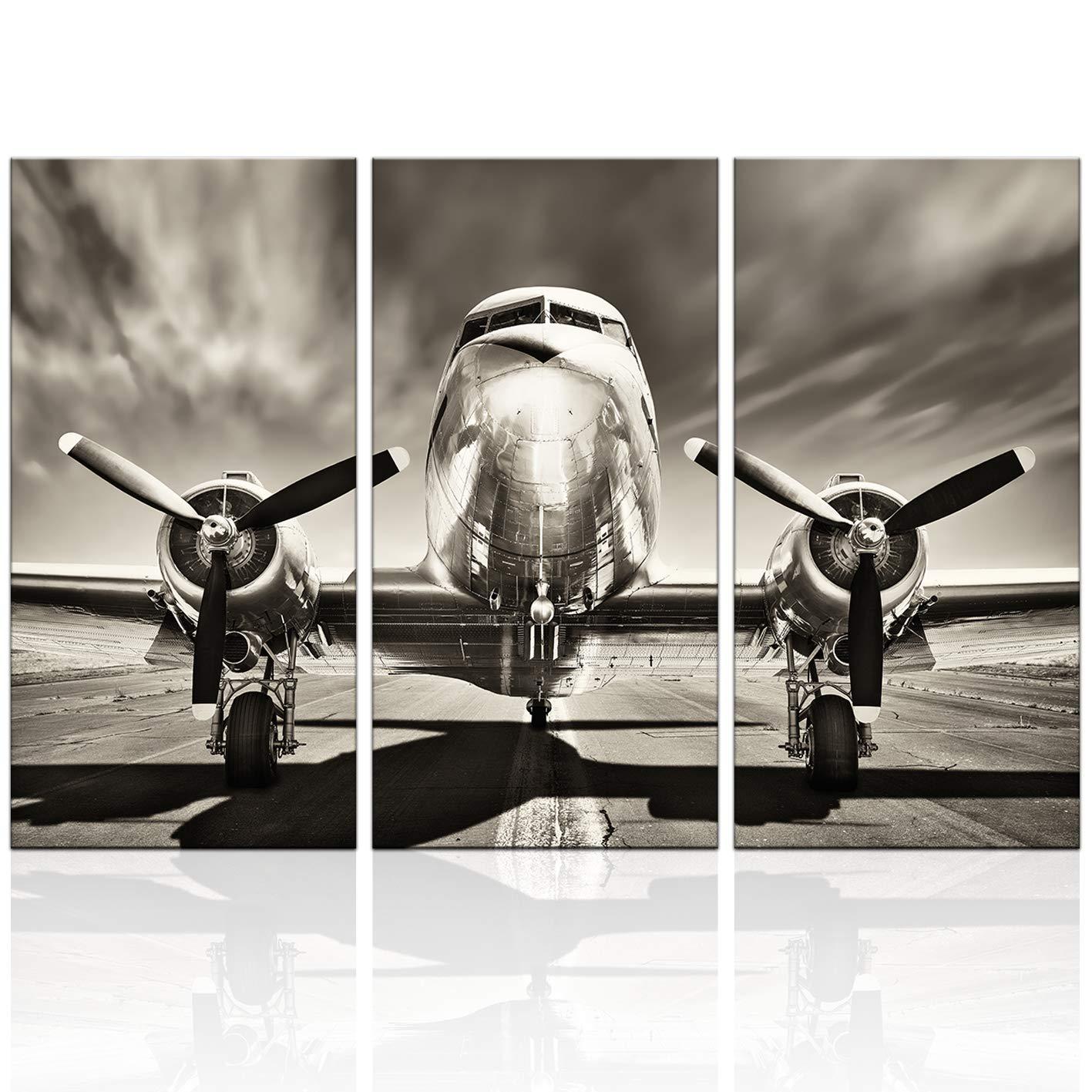 KLVOS KLVOS 3 Piece Airplane Wall Art Vintage Black and white Propeller Aircraft Picture for Boy Room Home Office Modern Home Decor Stretched and Framed Ready to Hang - 16"x32"x3pcs