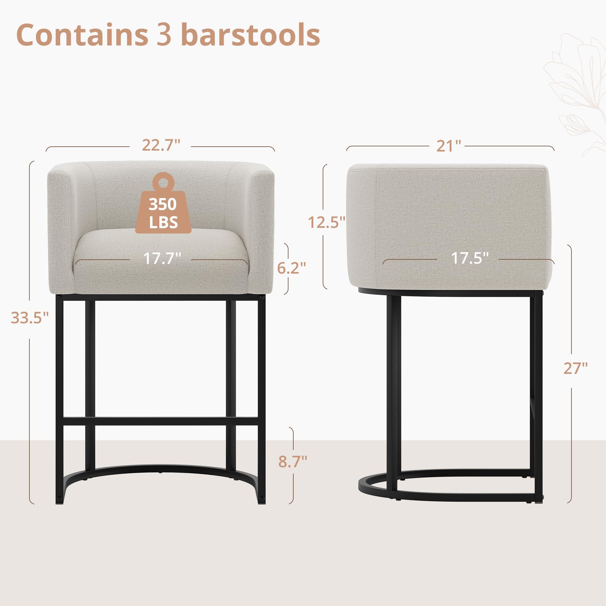 LUE BONA LUE BONA 27\" H Counter Height Bar Stools Set of 3, Modern Barrel Counter Stools with Backrest and Arms, Black Metal Frames, Linen Fabric Upholstered Accent Barstools for Kitchen Island, Light Gray