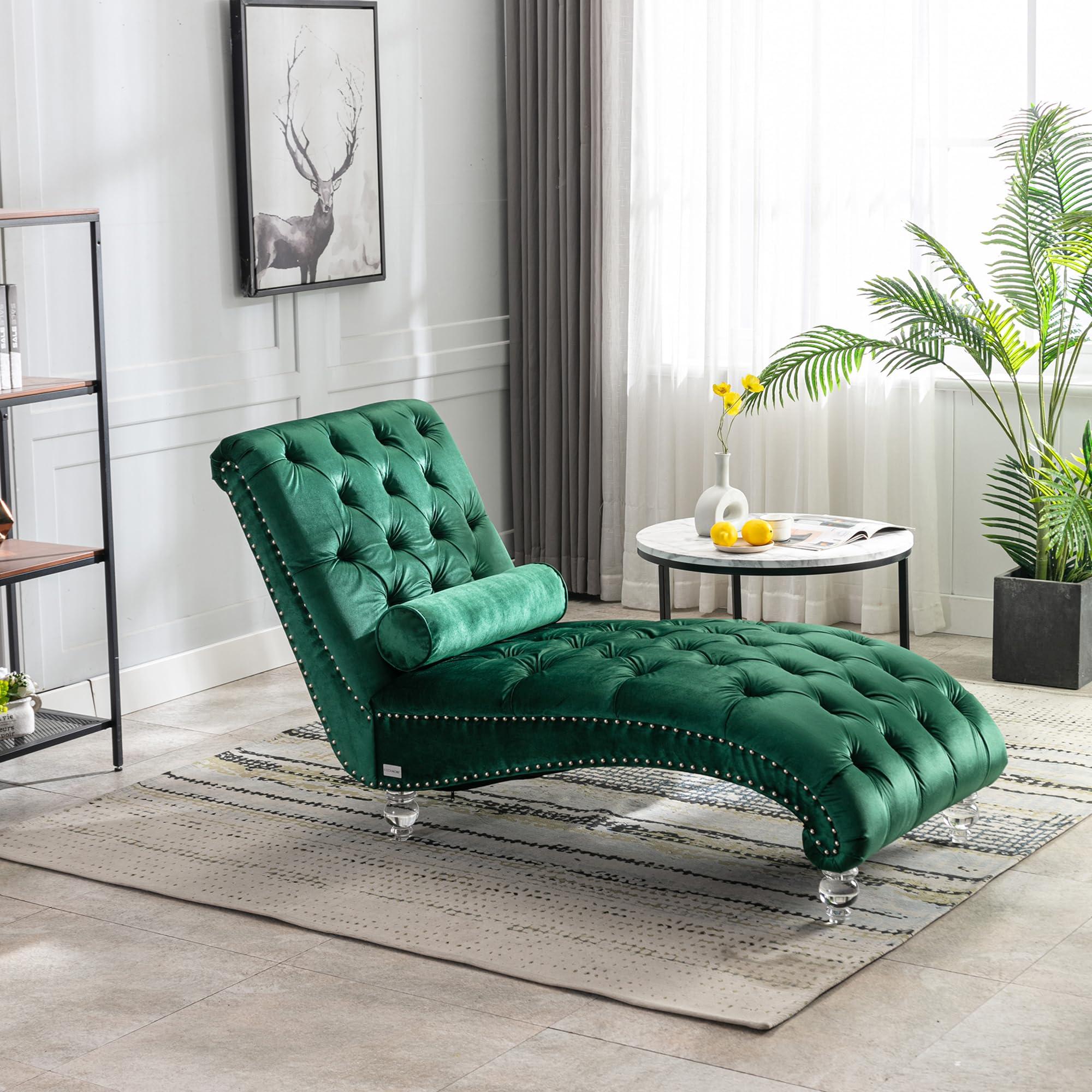 KT Rolster KT Rolster Chaise Lounge Chair Indoor, Small Chaise Lounge, Upholstered Chaise Lounge Chair, Mid Century Modern Velvet Chaise Lounge Chair with Acrylic Legs and Lumbar Pillow for Bedroom Living Room