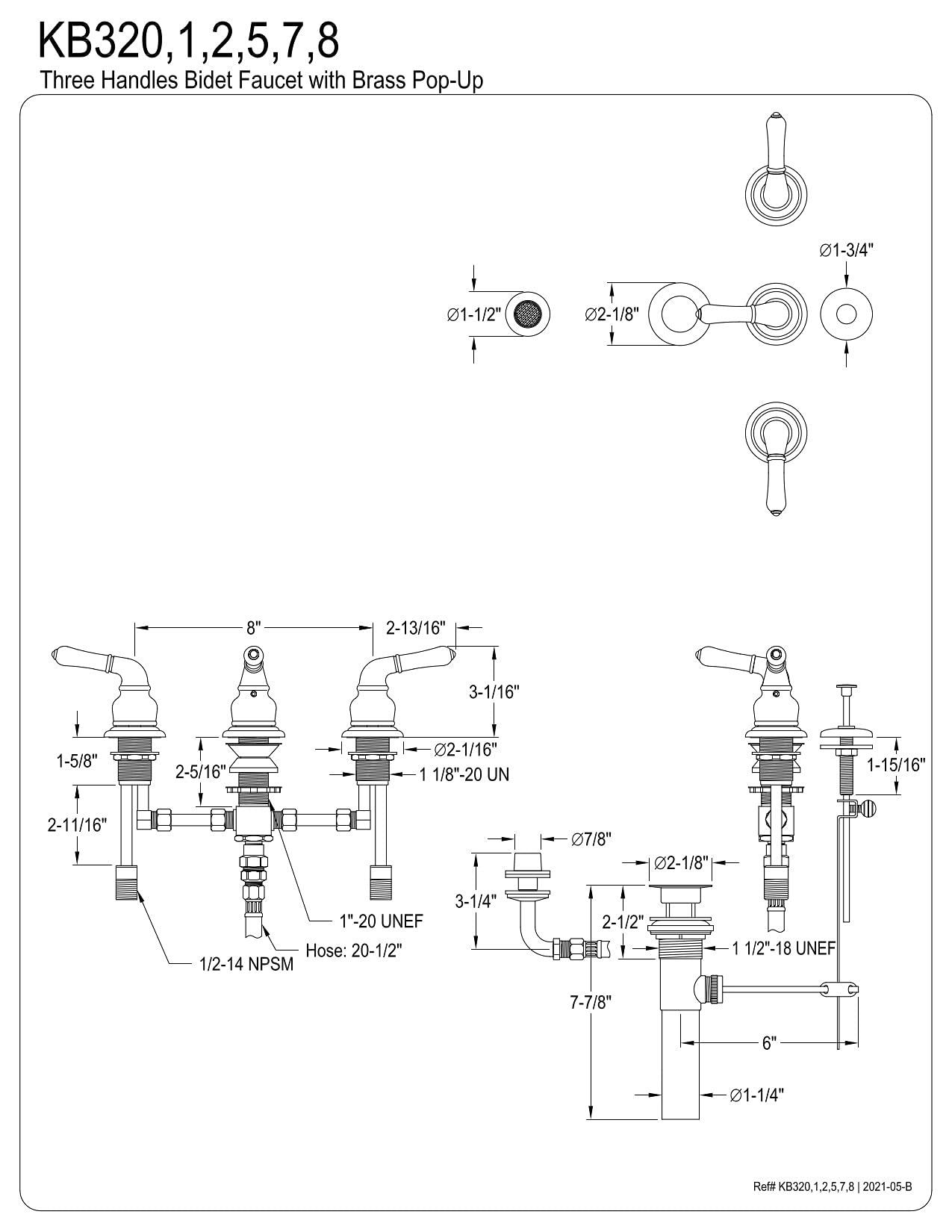 Kingston Brass Kingston Brass KB321 Magellan Triple Handle Bidet Faucet with Magellan Lever Handles, Polished Chrome