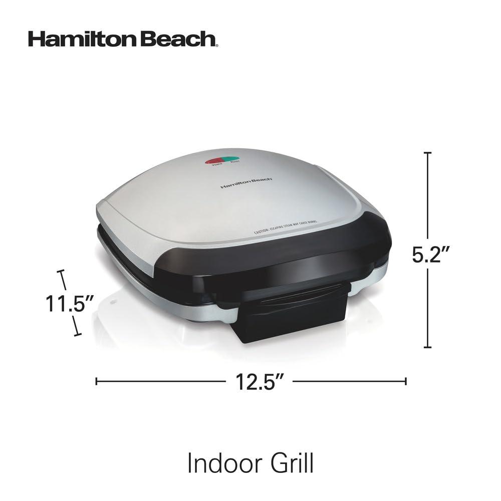 Hamilton Beach Hamilton Beach Electric Indoor Grill, 6-Serving, Large 90 sq. in. Nonstick Easy Clean Plates, Floating Hinge for Thicker Foods, 1200 Watts, 6.38\"D x 12.68\"W x 13.78\"H , Silver (25371)