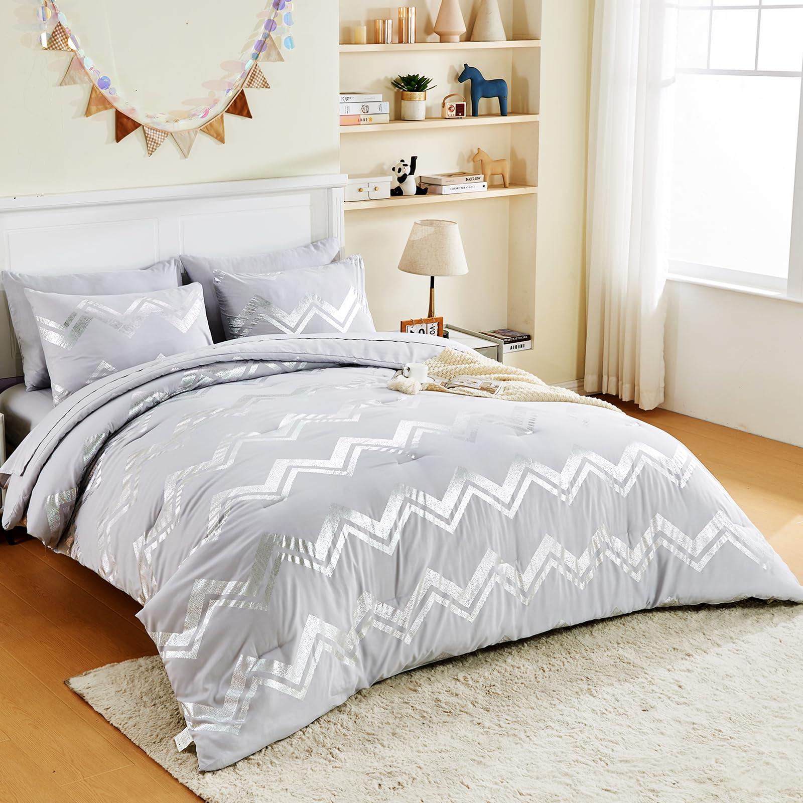 Wowelife Wowelife 6 Pieces Silver Grey Twin Comforter Set Gray Kids Twin XL Comforter Bedding Sets College Dorm for Girls & Boys Bed in A Bag Glitter with Sheets for Kids, 2 Pillow Shams and 1 Pillow Case