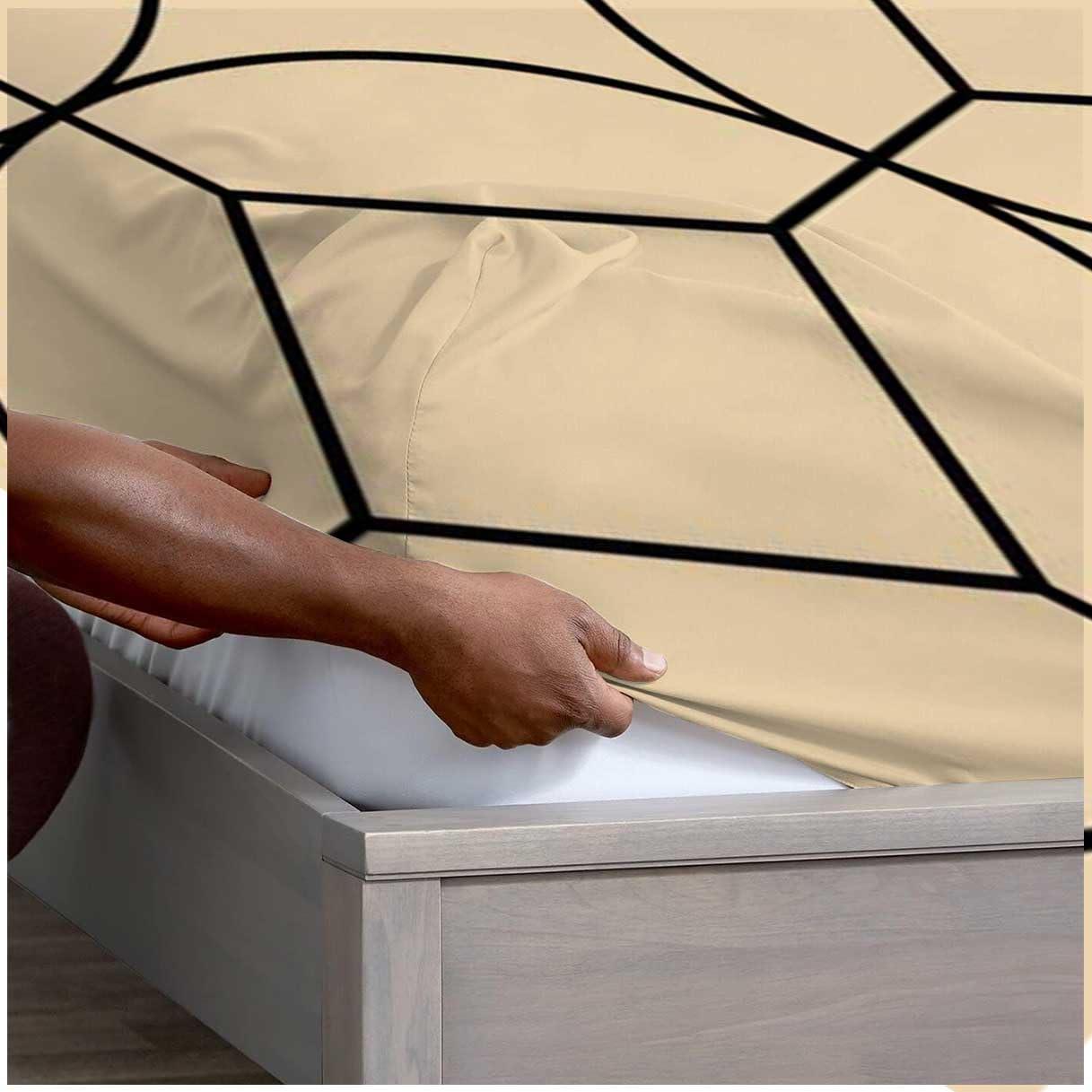 WHYATT California King Jersey Knit Sheets Cream Coloured,Abstract Geometric Lines Fitted Top Sheets Wrinkle Free California King